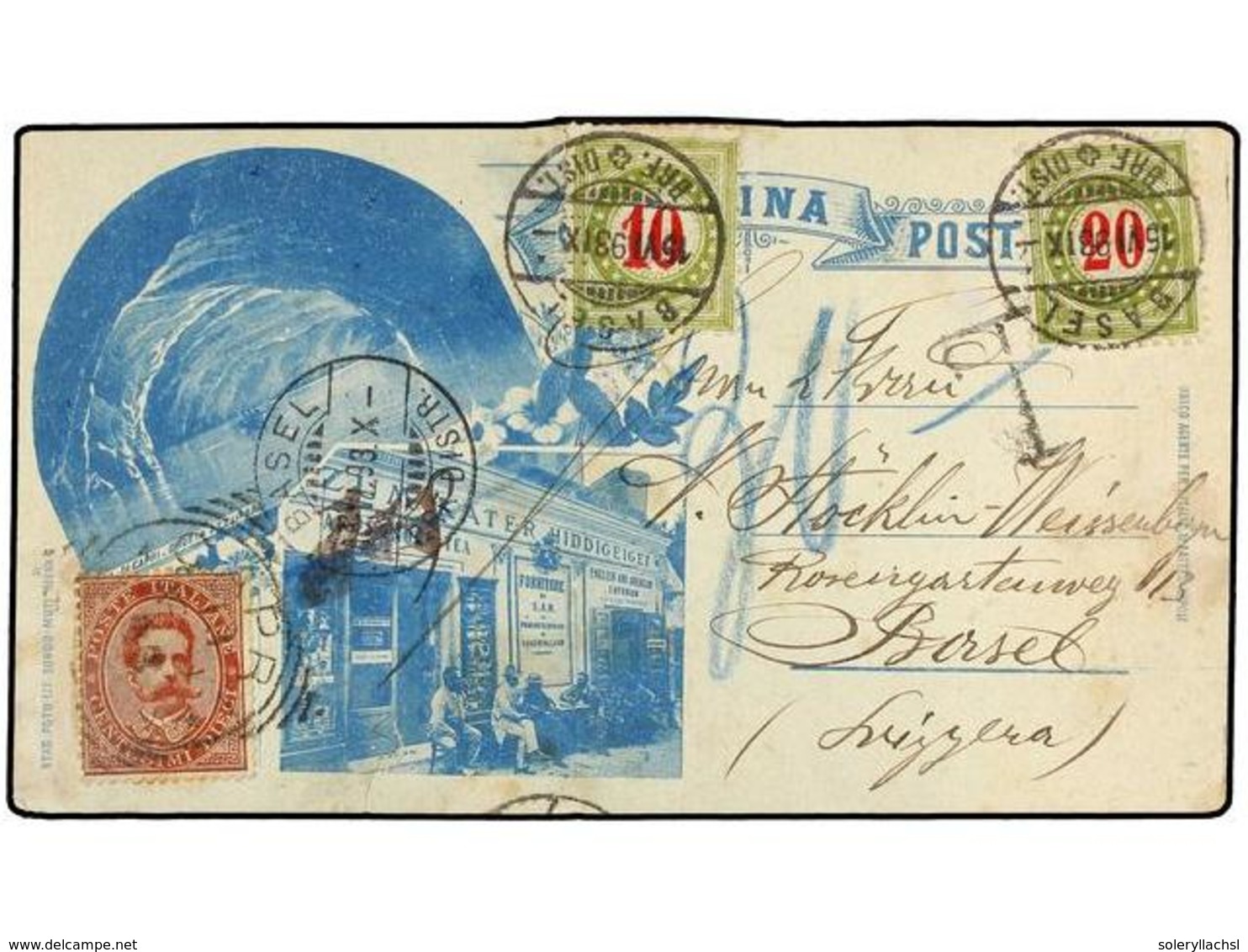 ITALIA. 1899. CAPRI A BASSEL (Suiza). Tarjeta Postal De Propaganda Franqueada Con Sello De 10 Cts. Rojo Tasada A La Lleg - Andere & Zonder Classificatie