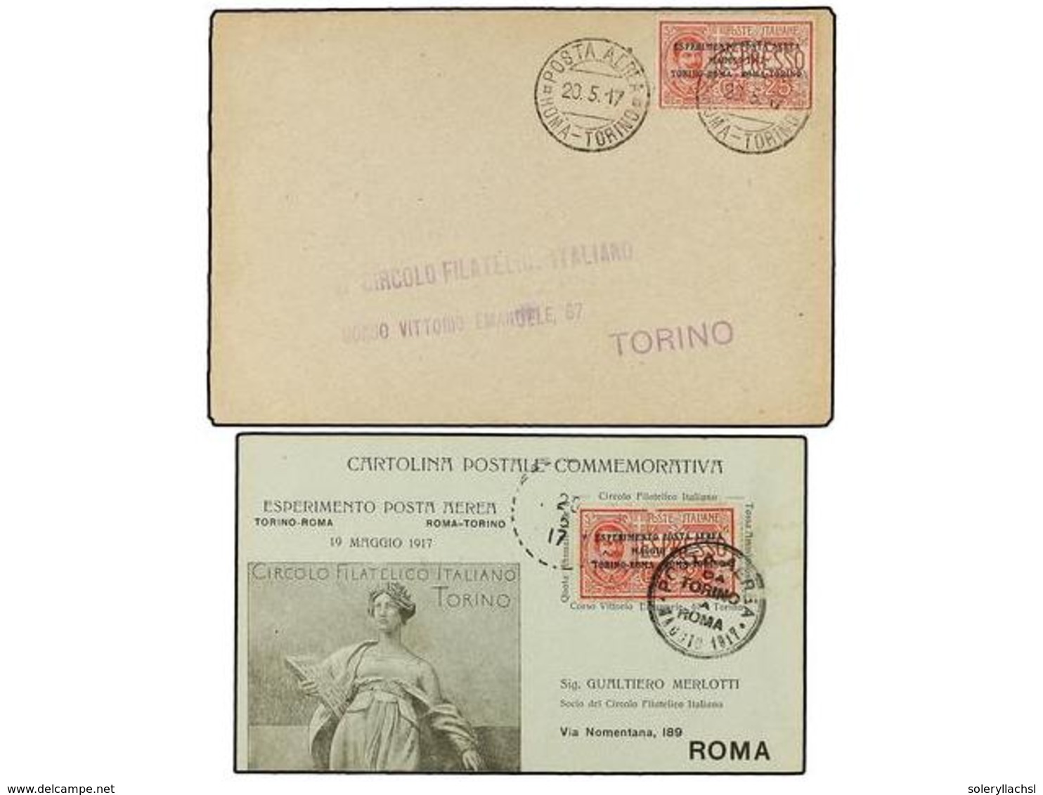 ITALIA. 1917 (20 - V). Sobre Y Tarjeta Vuelos ROMA-TORINO Y TORINO-ROMA. - Sonstige & Ohne Zuordnung