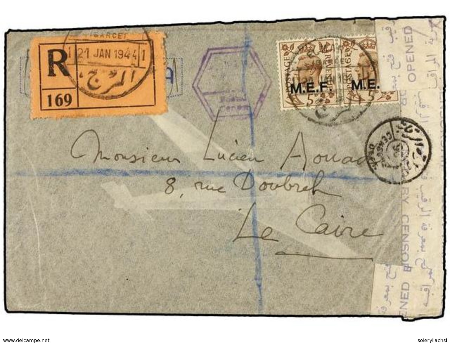 CIRENAICA. Sa.10 (2). 1944 (21-I). EL MARJ A EL CAIRO. 5 D. Castaño (2), Mat. EL MARJ. Marca Y Etiqueta De Censura, Al D - Sonstige & Ohne Zuordnung