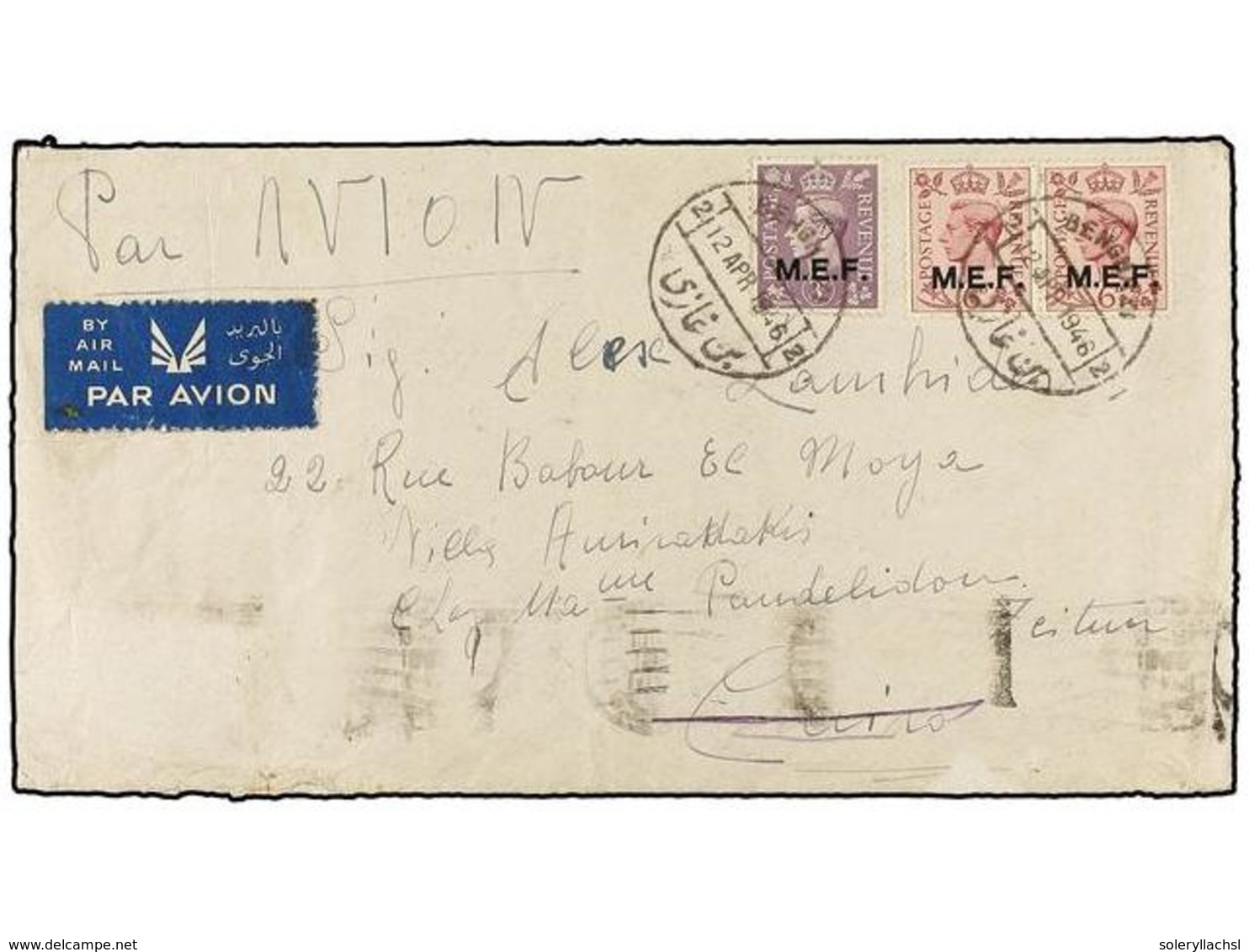 CIRENAICA. Sa.9, 11 (2). 1946. BENGHAZI A EL CAIRO. 3 D. Y 6 D. (2), Mat.BENGHAZI, Circulada Por Correo Aéreo, Al Dorso  - Sonstige & Ohne Zuordnung