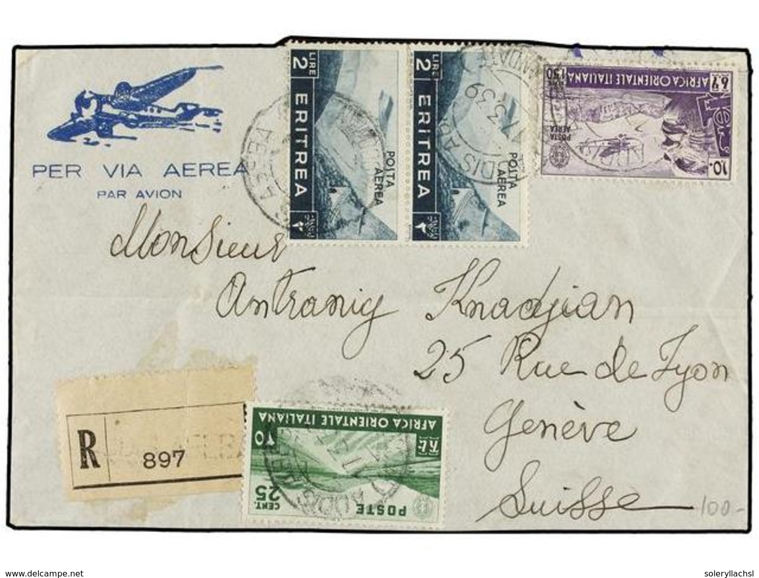 ETIOPIA. 1939. ADDIS ABEBA A SUIZA. 25 Cents., 1,50 L. Y 2 L. (2) Circulada Por Correo Aéreo, Al Dorso Llegada. - Altri & Non Classificati