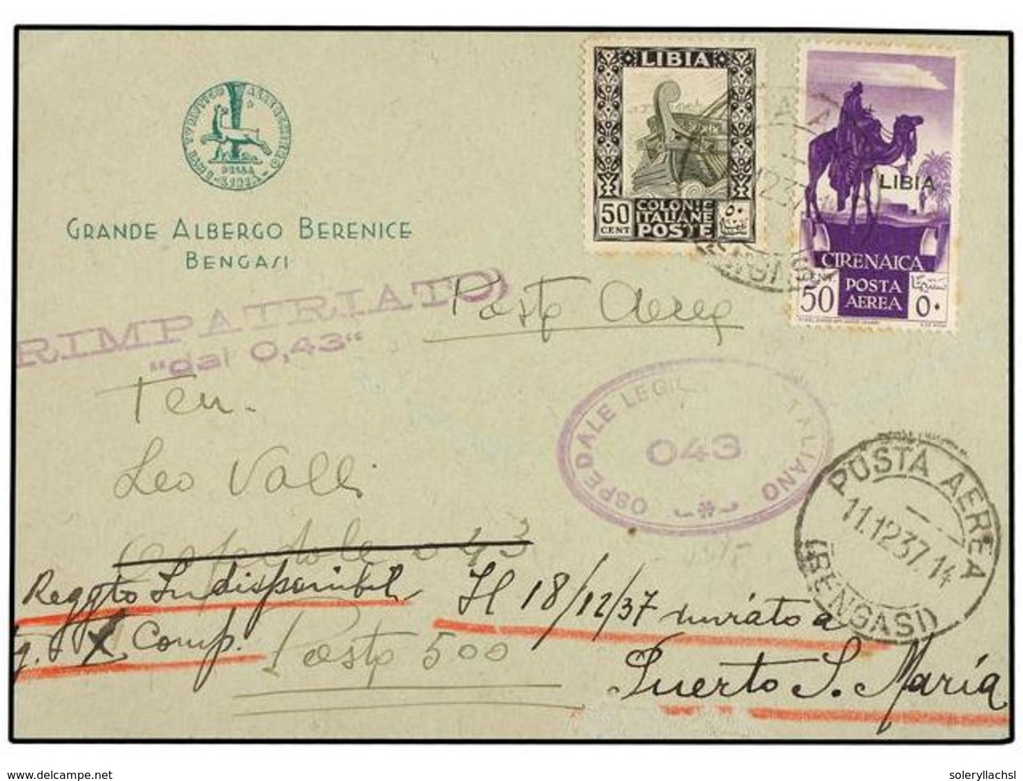 LIBIA. 1937. GUERRA DE ESPAÑA. BENGASI A PUERTO DE SANTAMARIA (España). Tarjeta Con Franqueo De 50 Cents. (2) Dirigido A - Andere & Zonder Classificatie