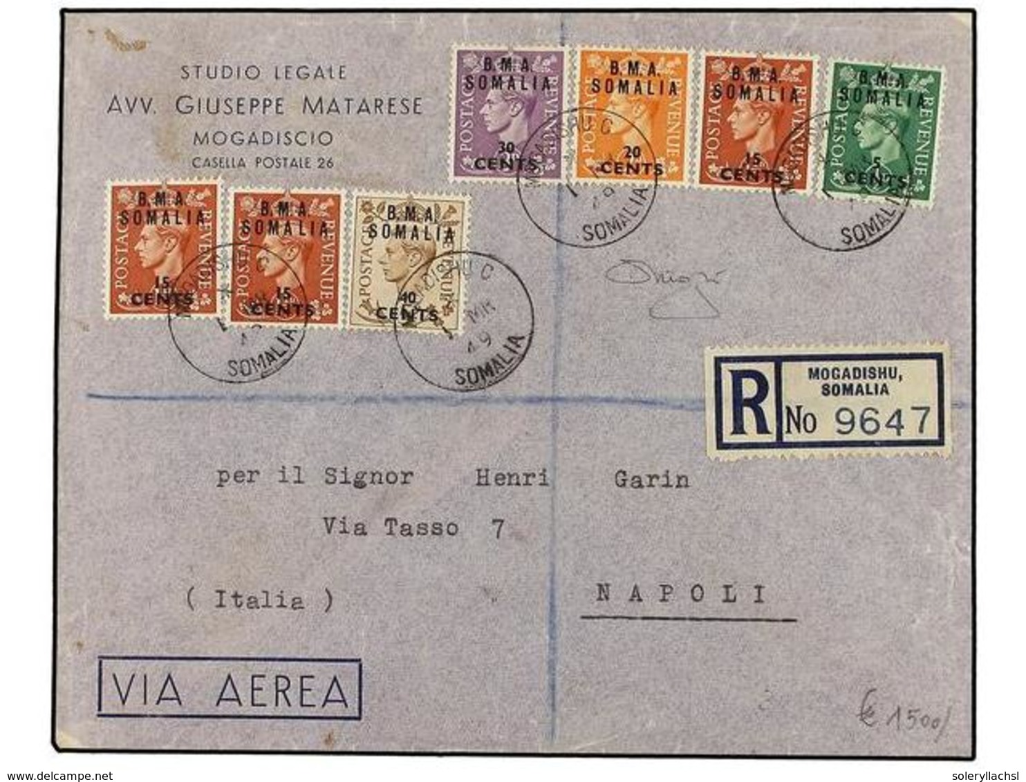 SOMALIA. Sa.10, 11 (3), 12, 14, 15. 1949 (1-III). MOGADICCIO A NÁPOLES. Precioso Franqueo En Carta Circulada, Al Dorso L - Sonstige & Ohne Zuordnung