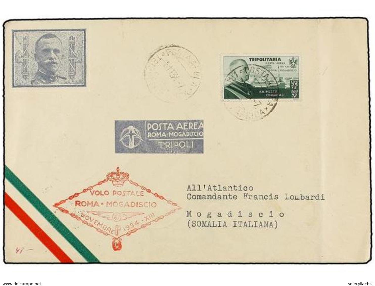 ESPAÑA. Sa.GP 88. 1934 (6-XI). TRIPOLI A MOGADISCIO. Circulada Con Sello De Tripolitania De 25 + 2 Liras Verde. Marca De - Andere & Zonder Classificatie