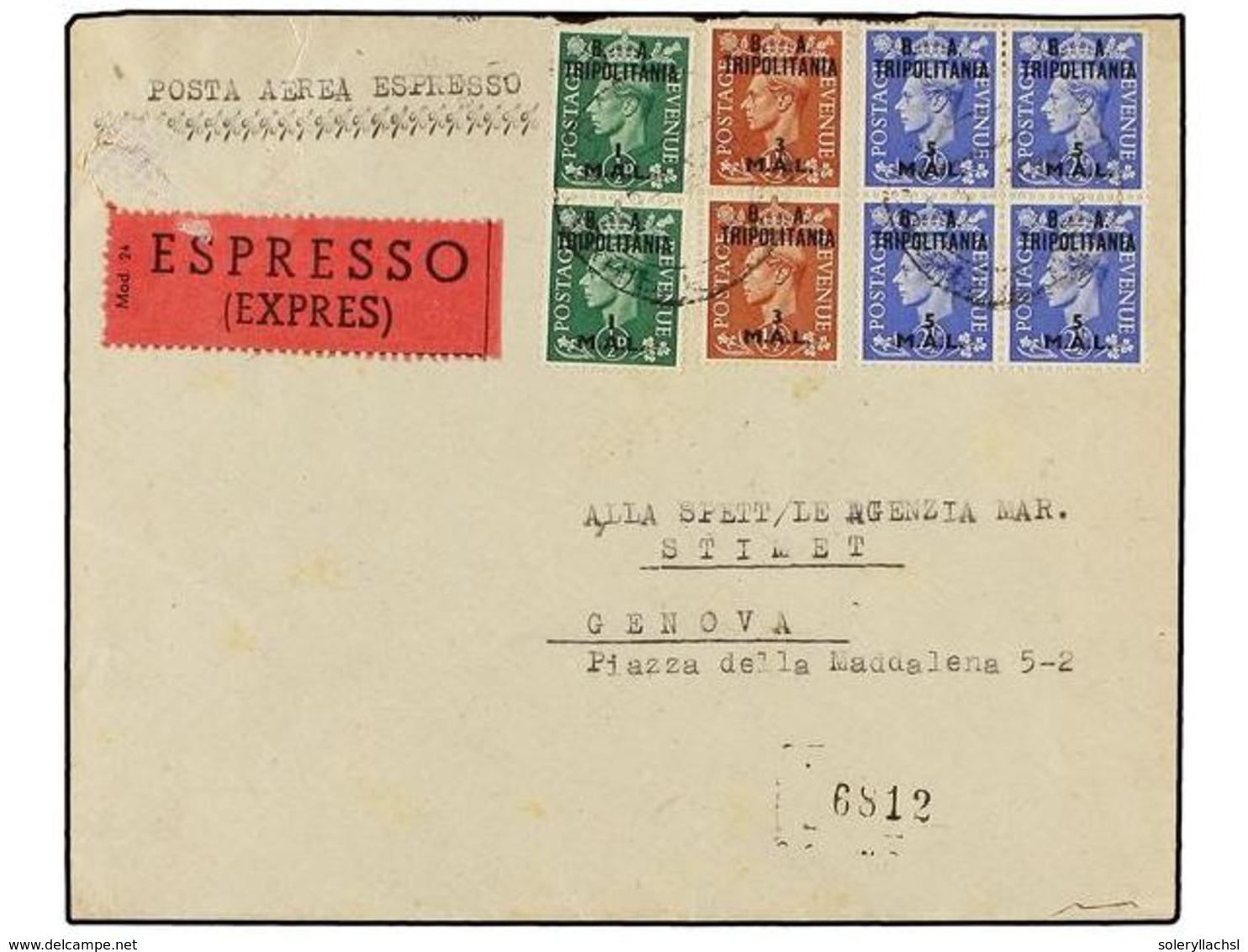 TRIPOLITANIA. Sa.14 (2), 16 (2), 18 (4). 1950 (V). TRIPOLI A GENOVA. 1 Mal. Verde (2), 3 Mal. Castaño (2) Y 5 Mal. Azul  - Altri & Non Classificati