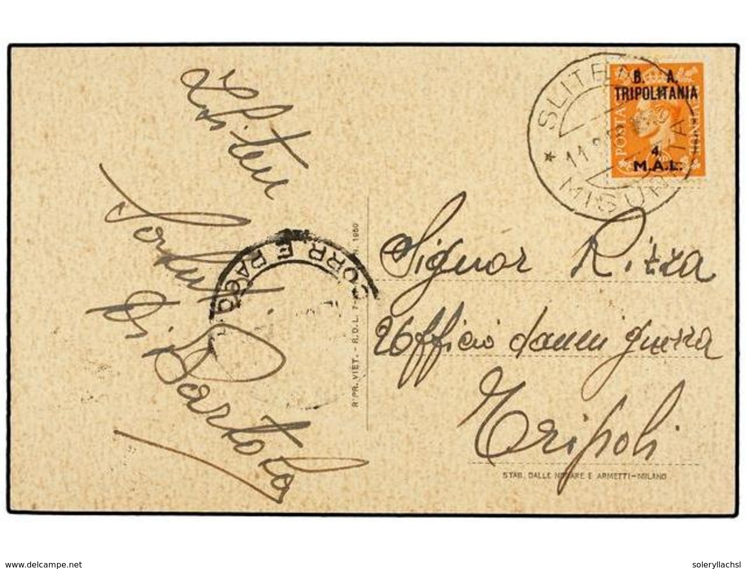 TRIPOLITANIA. 1950 (11-VIII). SLITEN A TRIPOLI. Tarjeta Postal Con Franqueo 4 Mal. Mat. SLITEN/MISURA. MUY RARO (13 Punt - Sonstige & Ohne Zuordnung