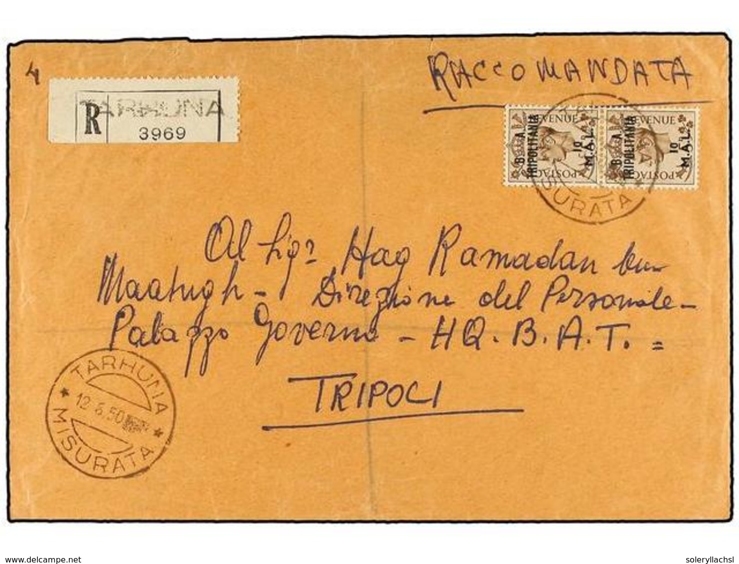 TRIPOLITANIA. Sa.20 (2). 1950 (12-VIII). TARHUNA A TRIPOLI. 10 Mal. Castaño (2), Mat. TARHUNA/MISURATA. RARO (10 Puntos) - Altri & Non Classificati