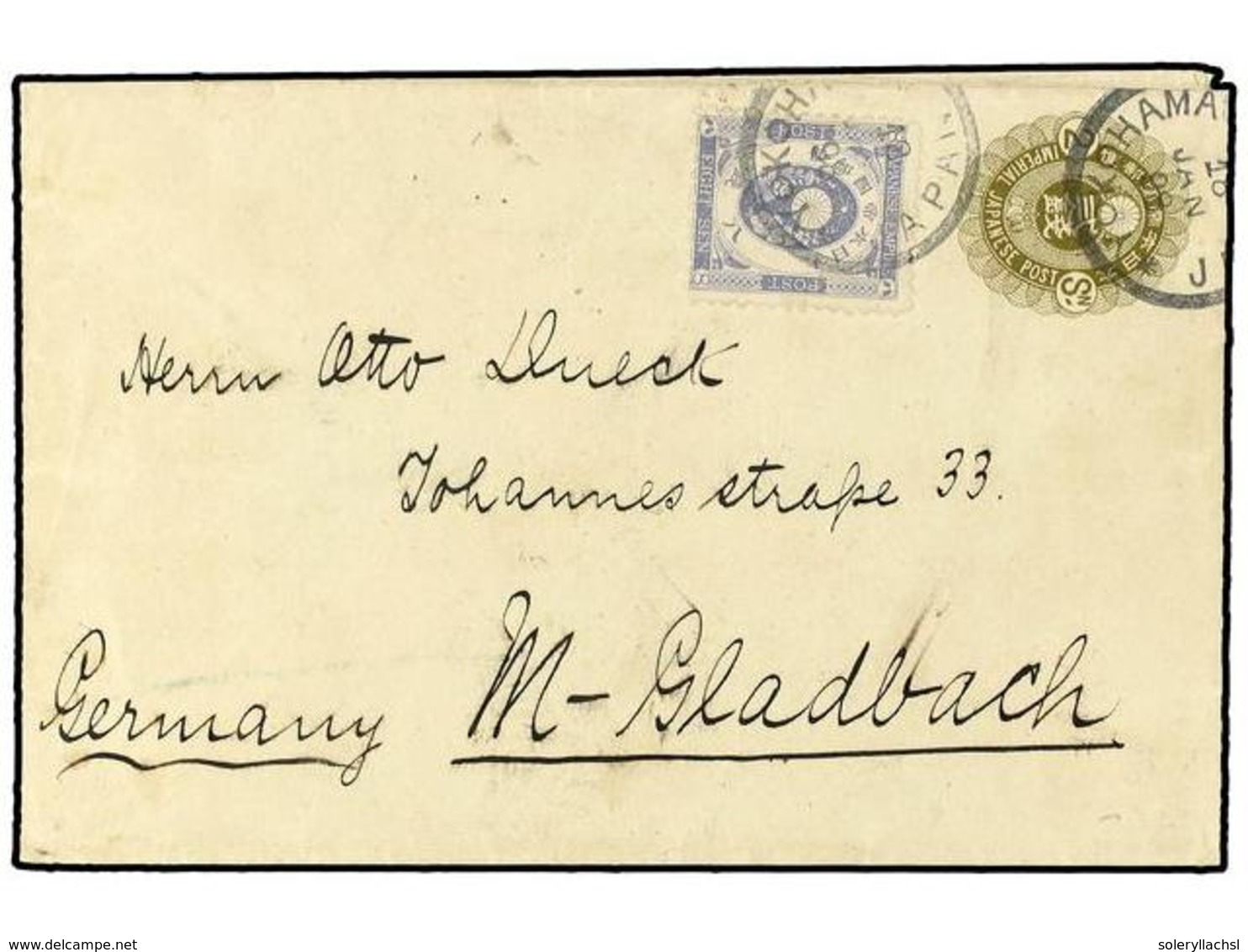 JAPON. 1898. Small Size Koban Envelope Uprated New Koban 8sen Violet Canc. FM YOKOHAMA W. MGLADBACH 17.2.98 Backstp. - Altri & Non Classificati