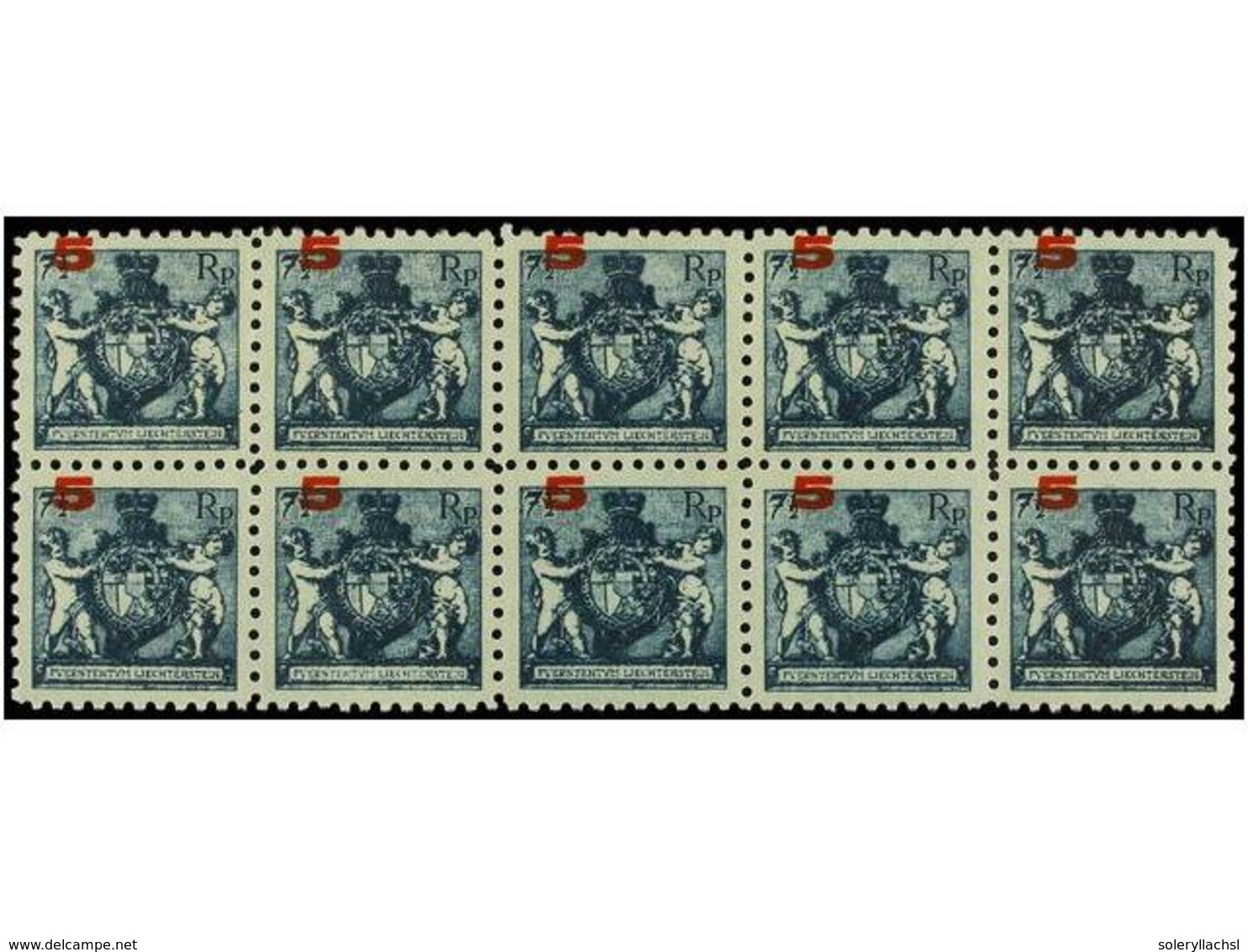 **/* LIECHTENSTEIN. Mi.61A (10). 1924. 5 On 7 1/2 Rp. Blue. Block Of Ten. MISPLACED SURCHARGE. Never Hinged (2 Stamps Hi - Otros & Sin Clasificación