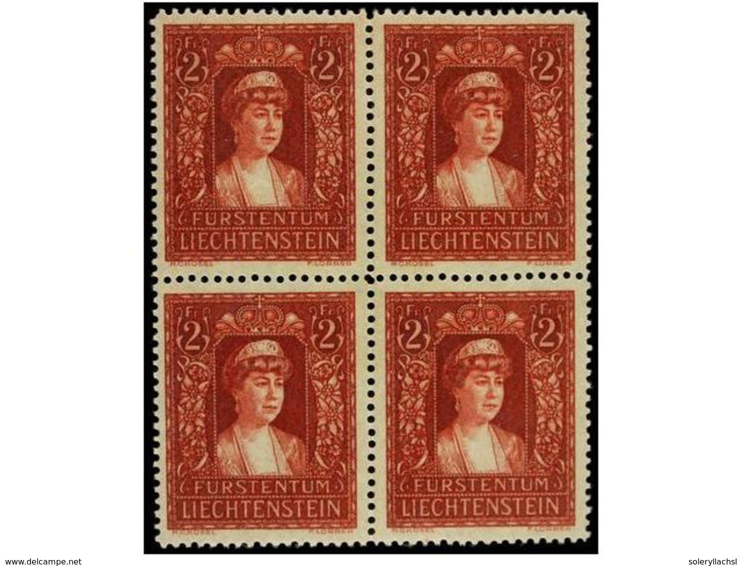 ** LIECHTENSTEIN. Yv.129 (4). 2 Fr. Red Brown. Block Of Four, Never Hinged. LUXE. Yvert.500€. - Sonstige & Ohne Zuordnung