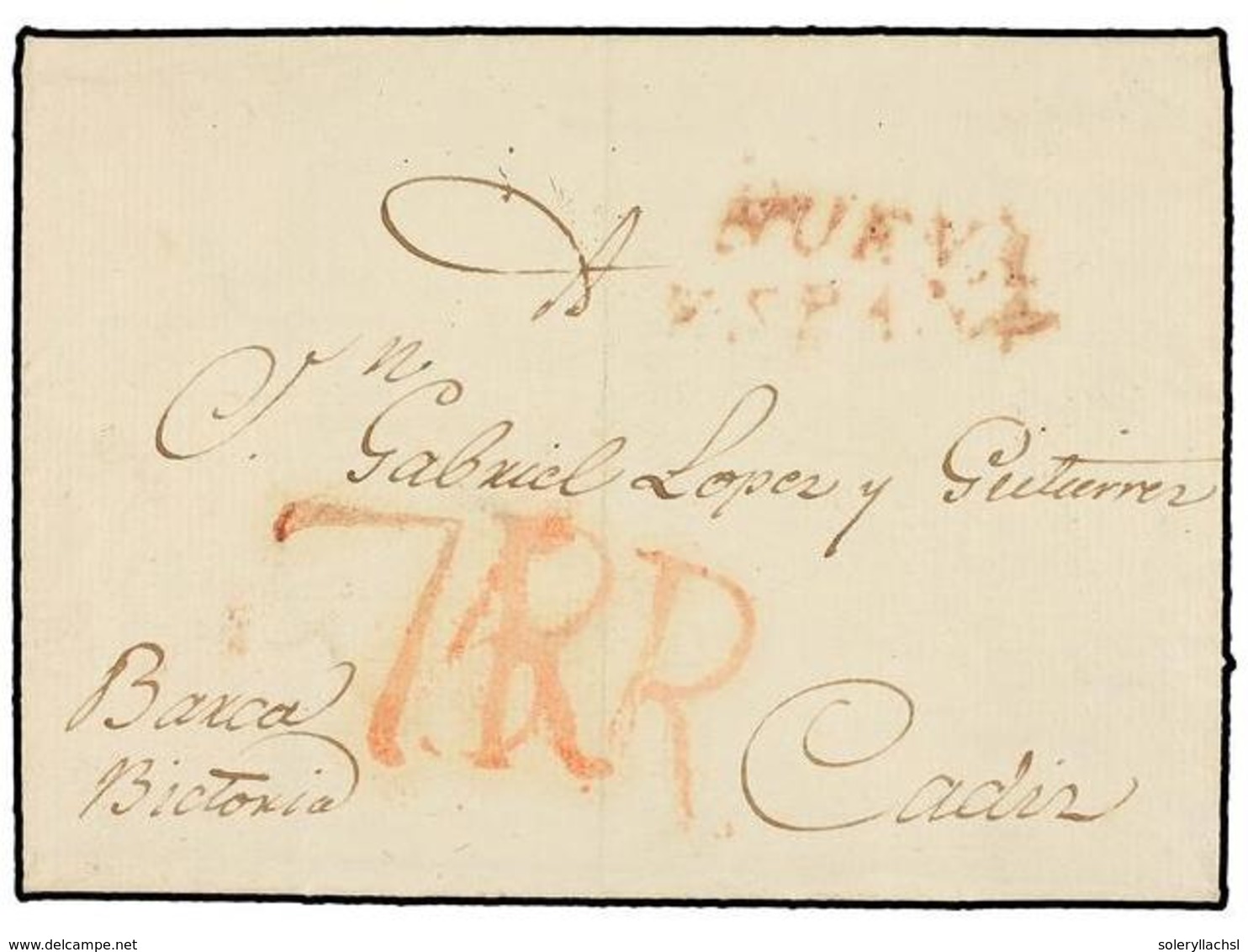 MEXICO. 1809 (28 Enero). VERACRUZ A CÁDIZ. Marca NUEVA/ESPAÑA En Rojo Y Manuscrito 'Barca Bictoria' Y Tasa De 5 Reales C - Sonstige & Ohne Zuordnung