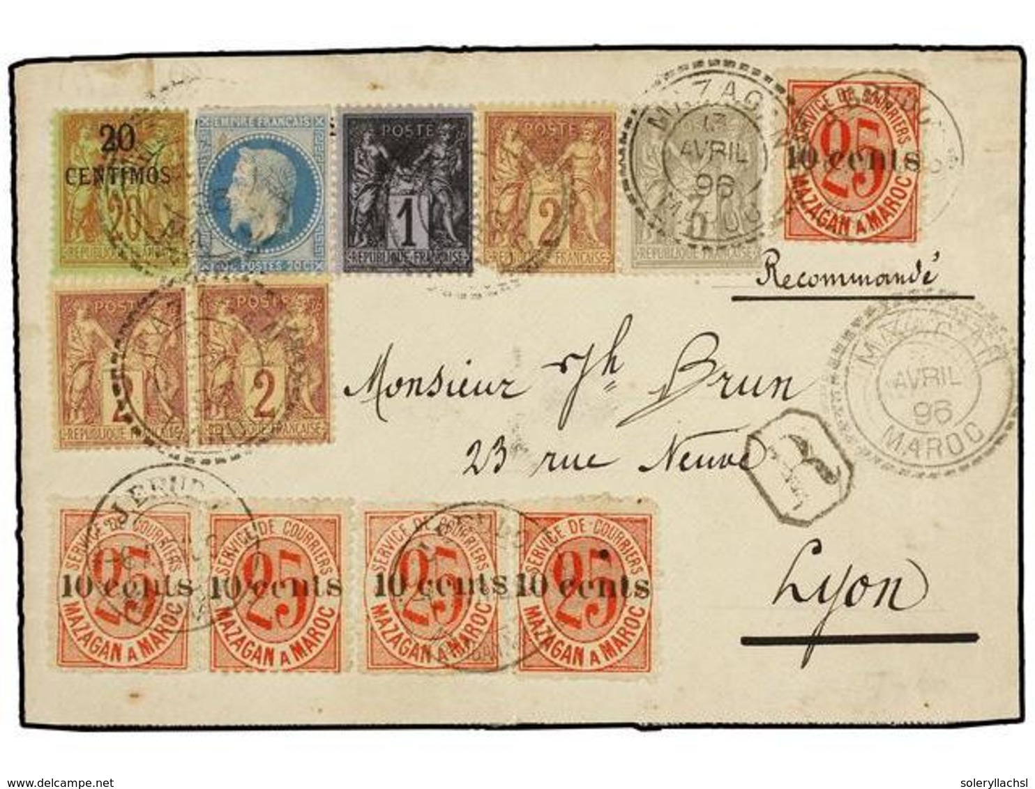 MARRUECOS: CORREO LOCAL. Yv.45 (5). 1896. FRONTAL. MAZAGÁN A FRANCIA. Circulada Con Sellos Locales De 10 Cents. S. 25 Ct - Altri & Non Classificati