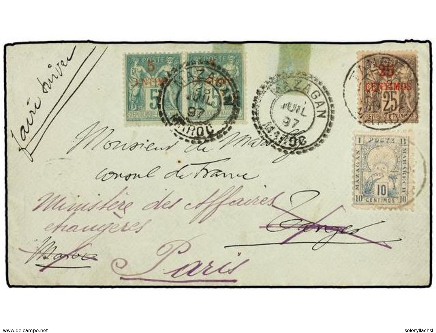 MARRUECOS: CORREO LOCAL. Yv.47. 1897. MARRAKECH A FRANCIA. Circulada Con Sello Local De 10 Cts. Azul Hasta Mazagán Y De  - Andere & Zonder Classificatie