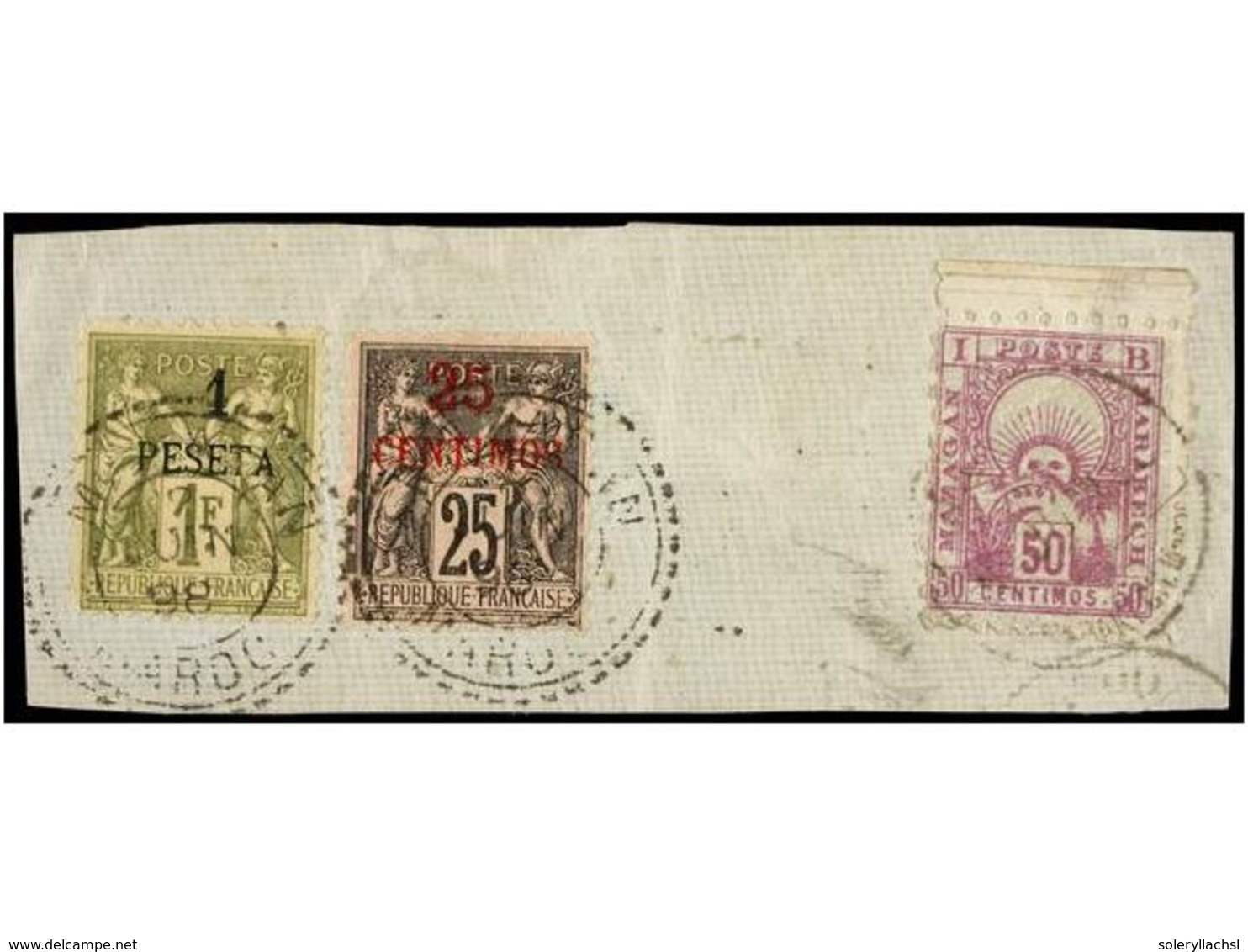 MARRUECOS: CORREO LOCAL. Yv.50. Fragmento Con Sello Local De 50 Cts. Lila Mixto Con Sellos Del Correo Francés De 25 Cts. - Andere & Zonder Classificatie