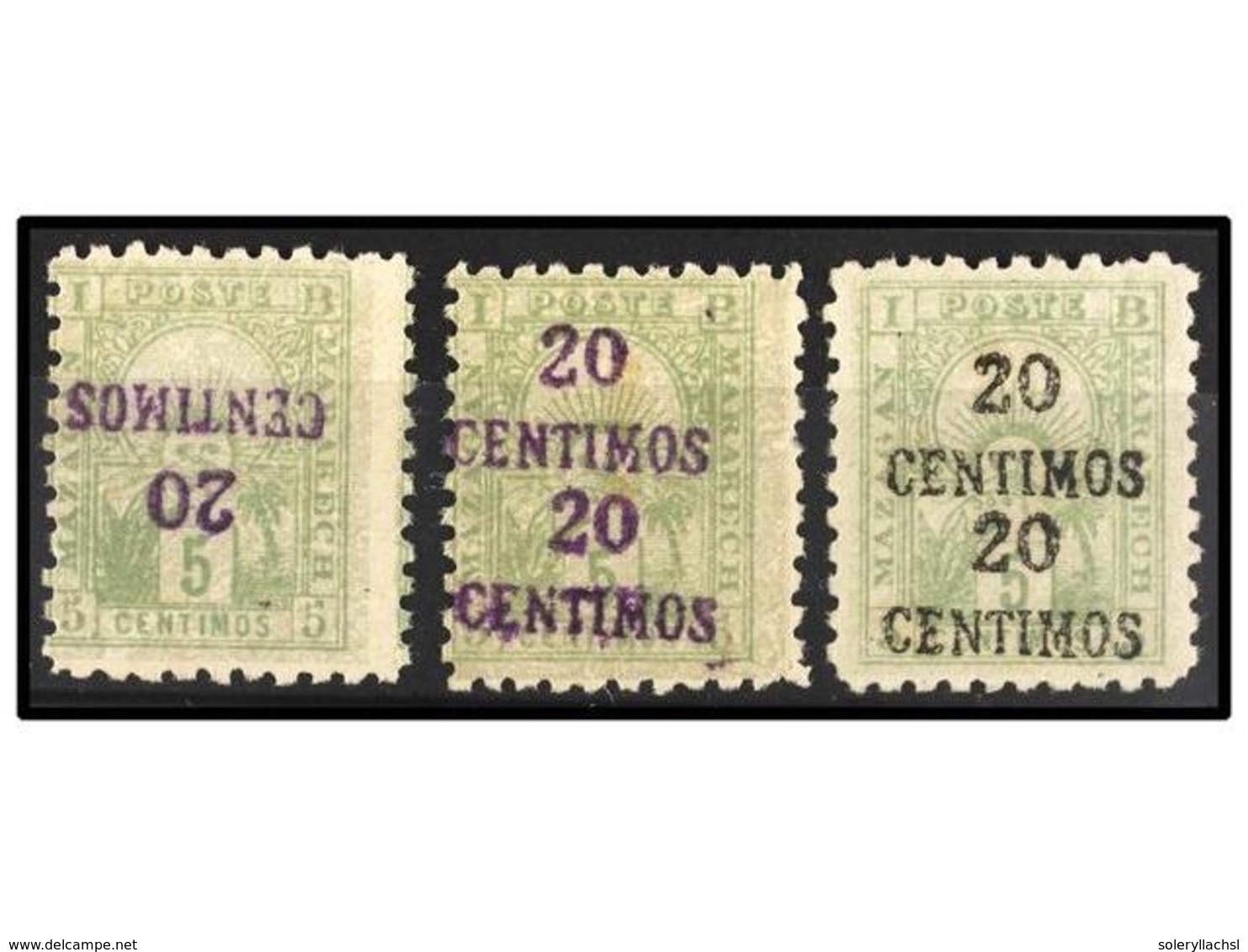 * MARRUECOS: CORREO LOCAL. Yv.52. 20 Céntimos S. 5 Cts. Verde. 3 Sellos, Sobrecargas DOBLE, INVERTIDA Y DOBLE En Color N - Altri & Non Classificati