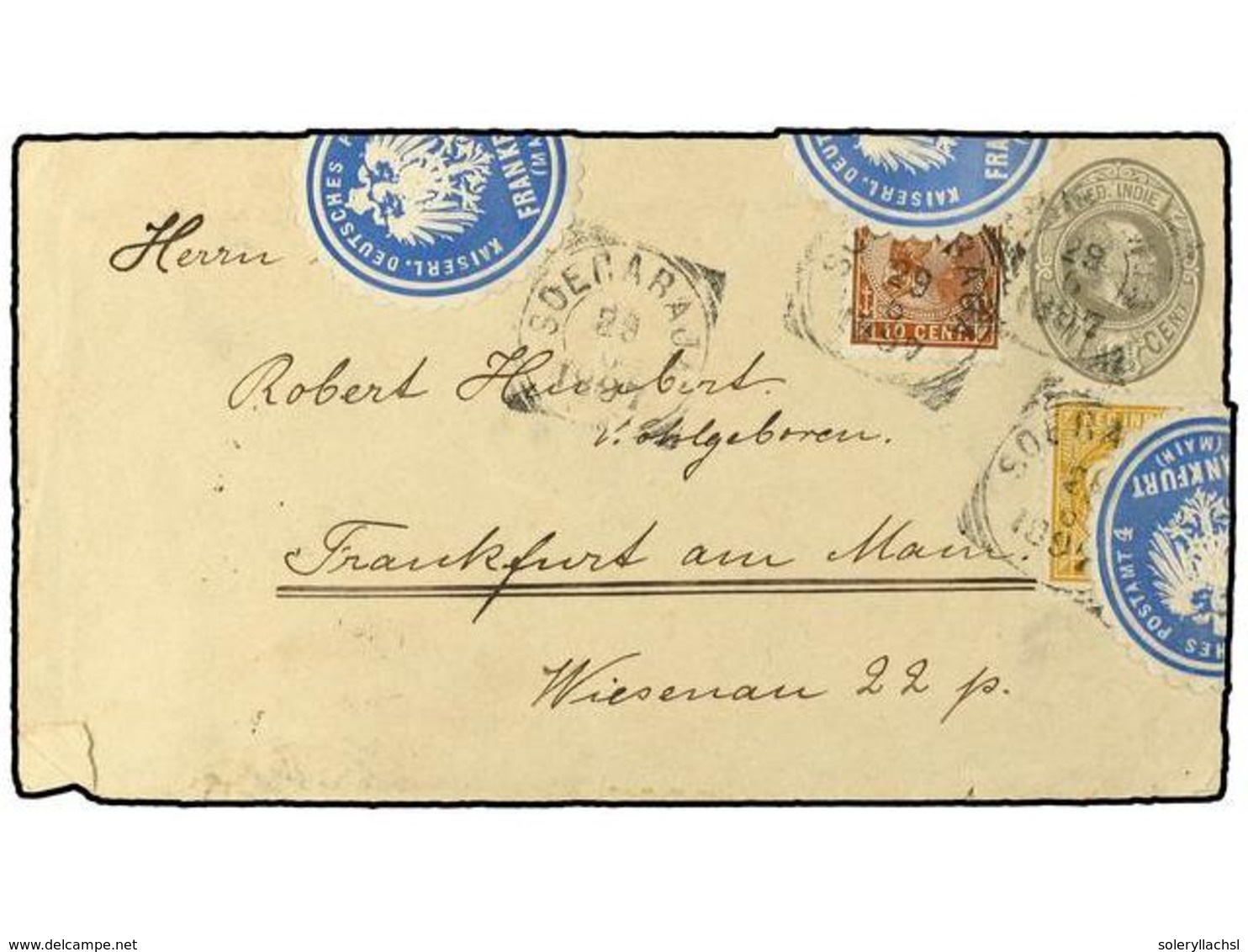 INDIA HOLANDESA. 1897. 12 1/2 C. Grey Stationery Envelope Used To FRANKFURT And Up-rated With Additional 1883-90 2 1/2 C - Sonstige & Ohne Zuordnung