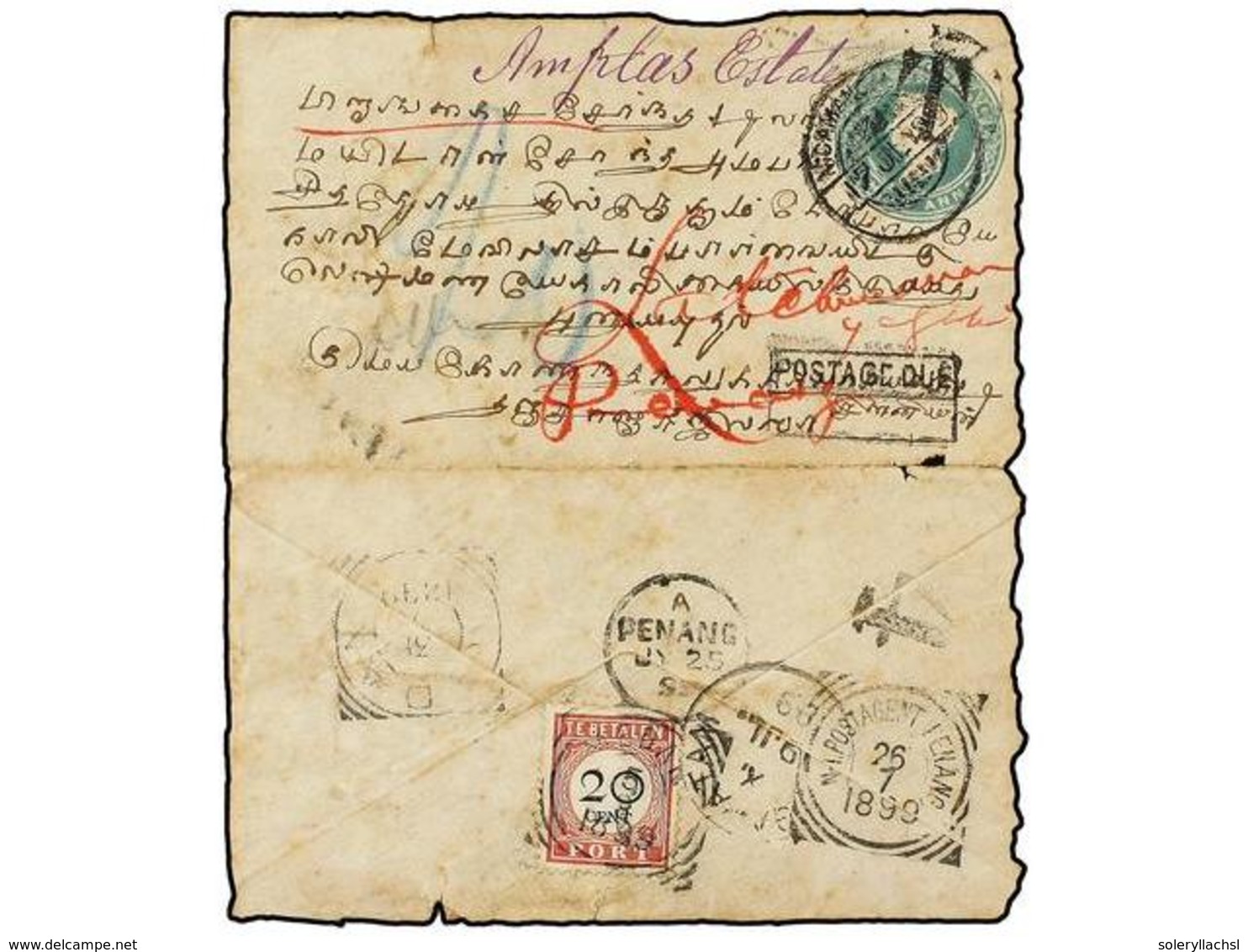 INDIA HOLANDESA. 1899. Envelope From The INDIA Bearing 1/2 Cent. Underpaid, Routed Overland Via Gapatam And Penang With  - Sonstige & Ohne Zuordnung