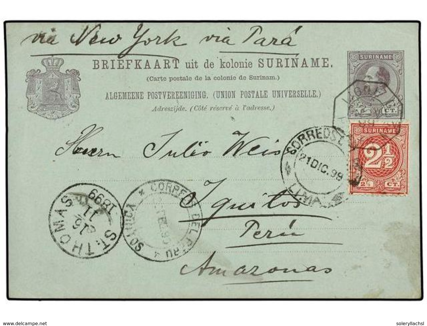 SURINAM. 1899. SURINAME A PERÚ. Entero Postal De 5 Cts. Lila Con Franqueo Adiconal De 2 1/2 Cts. Rojo, Mat. Octogonal Fr - Altri & Non Classificati