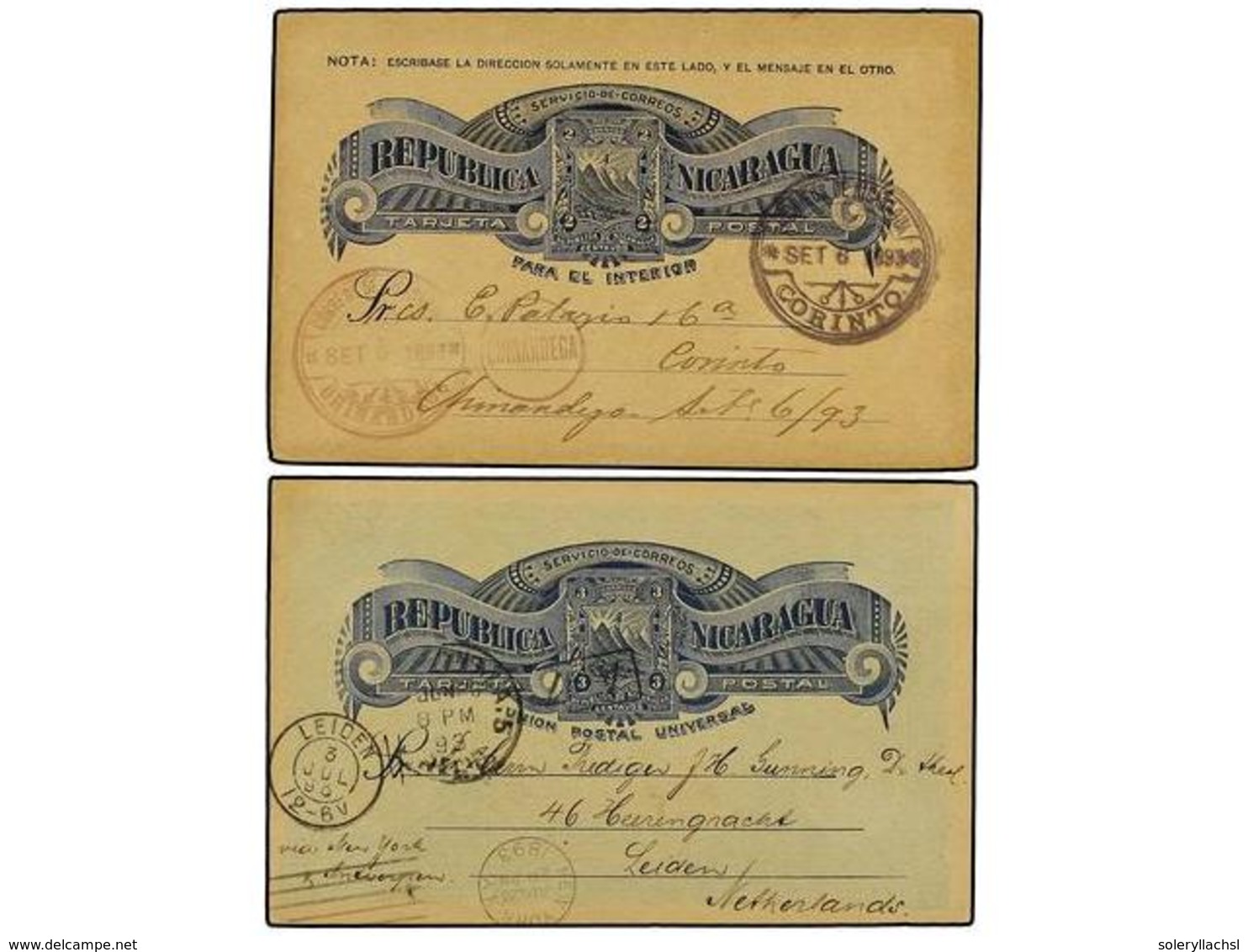 NICARAGUA. 1893. 2 Enteros Postales De 2 Ctvos. Azul Y 3 Ctvos. Azul, Circulados En El Interior Y A Holanda. - Sonstige & Ohne Zuordnung