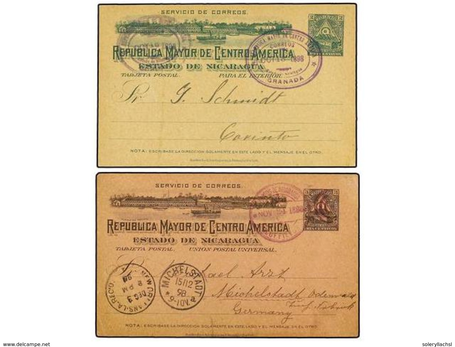 NICARAGUA. 1898. Dos Enteros Postales De 2 Ctvos. Verde Y  3 Ctvos. Negro S. Rosa Circulados En El Interior Y A ALEMANIA - Sonstige & Ohne Zuordnung