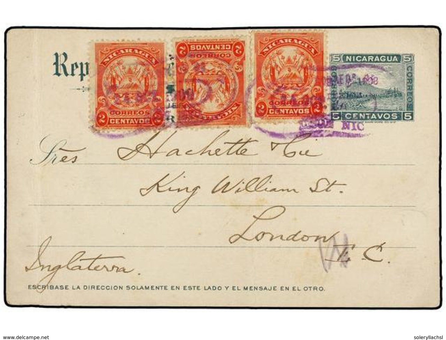 NICARAGUA. 1909. LEÓN A GRAN BRETAÑA. Entero Postal De 5 Ctvos. Verde Con Franqueo Adicional De 2 Ctvos. Naranja (3). - Sonstige & Ohne Zuordnung