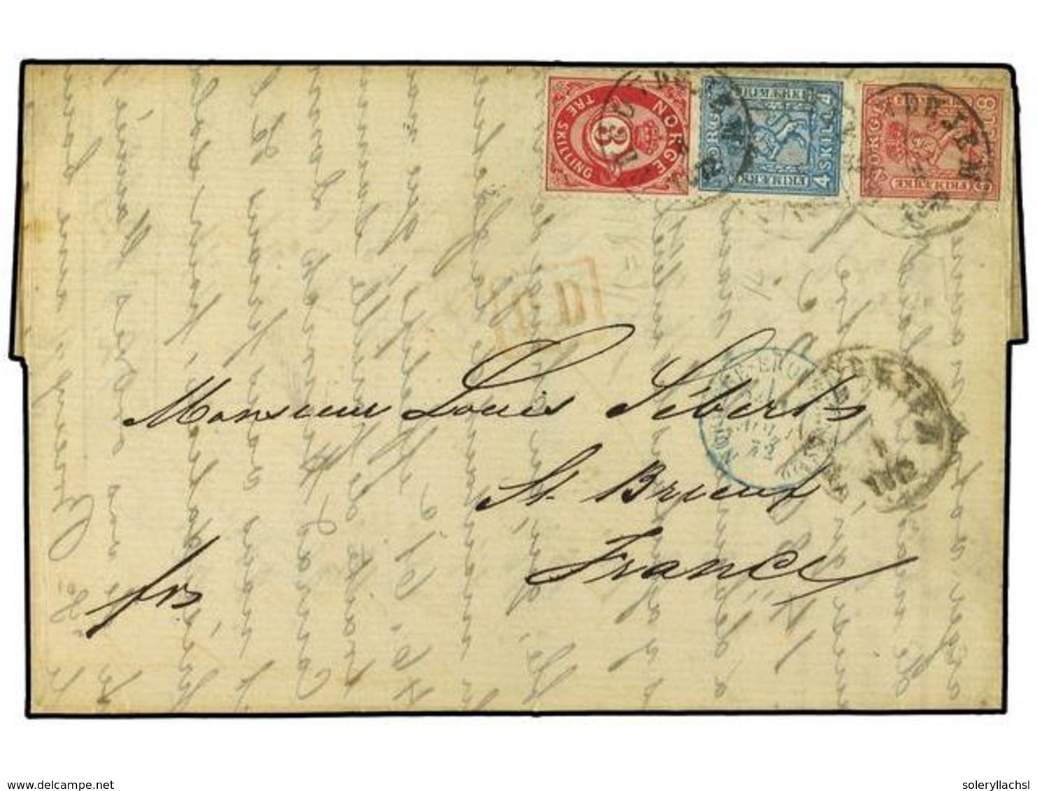 NORUEGA. 1869. Envelope To France Bearing 4 Skill Blue (Facit 14), 8 Skill Rose (Facit 15) And 3 Skill Carmin (Facit 18) - Sonstige & Ohne Zuordnung