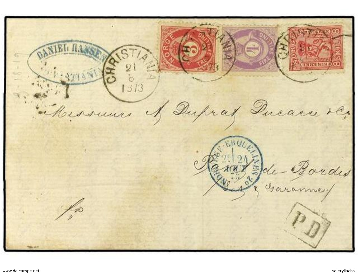 NORUEGA. 1873. Envelope To FRANCE Bearing 8 Skill Carmine (Facit 9), 3 Skill Carmin (Facit 18) And 4 Skill Violet (Facit - Sonstige & Ohne Zuordnung
