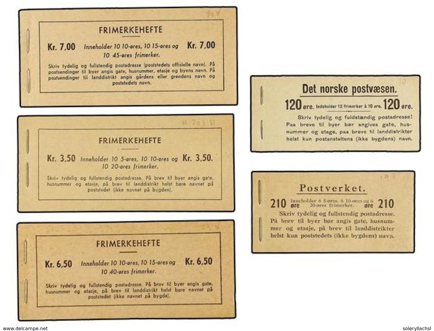 NORUEGA. Fa.H-10, 19R, 20bH, 29V, 30V. 1910-1958. STAMP BOOKLETS. 5 Booklets . (Fa. 6.800 Kr.). - Andere & Zonder Classificatie
