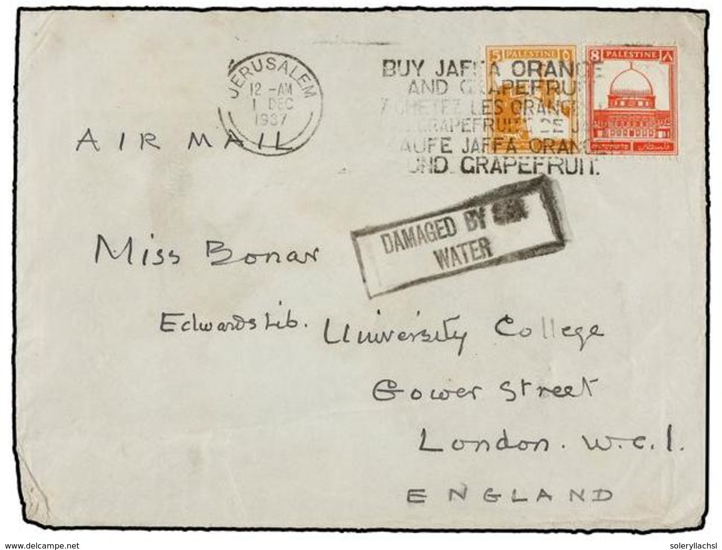 PALESTINA. 1937. JERUSALEM To ENGLAND. CRASH MAIL. Envelope Crashed In The Sea Near Brindisi (Italy). Cachet DEMAGED BY  - Altri & Non Classificati