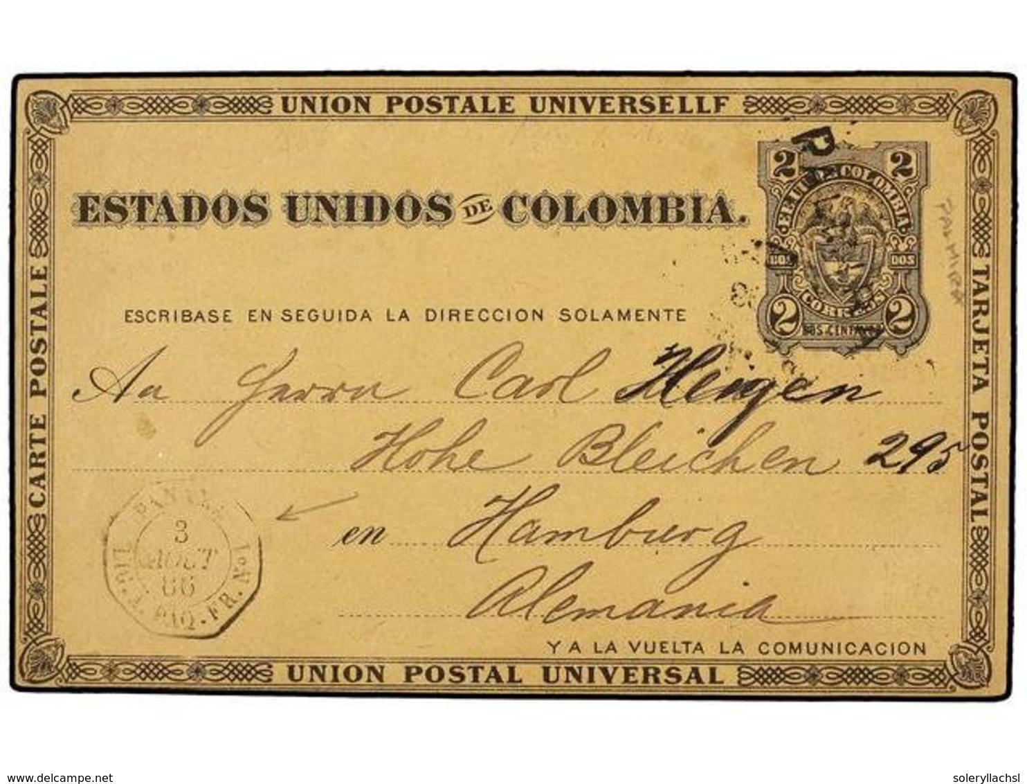 PANAMA. 1886. PALMIRA To GERMANY. 2 C. Postal Stationary Card To Hamburg Cancelled Straight-line PALMIRA Handstamp, Fren - Altri & Non Classificati