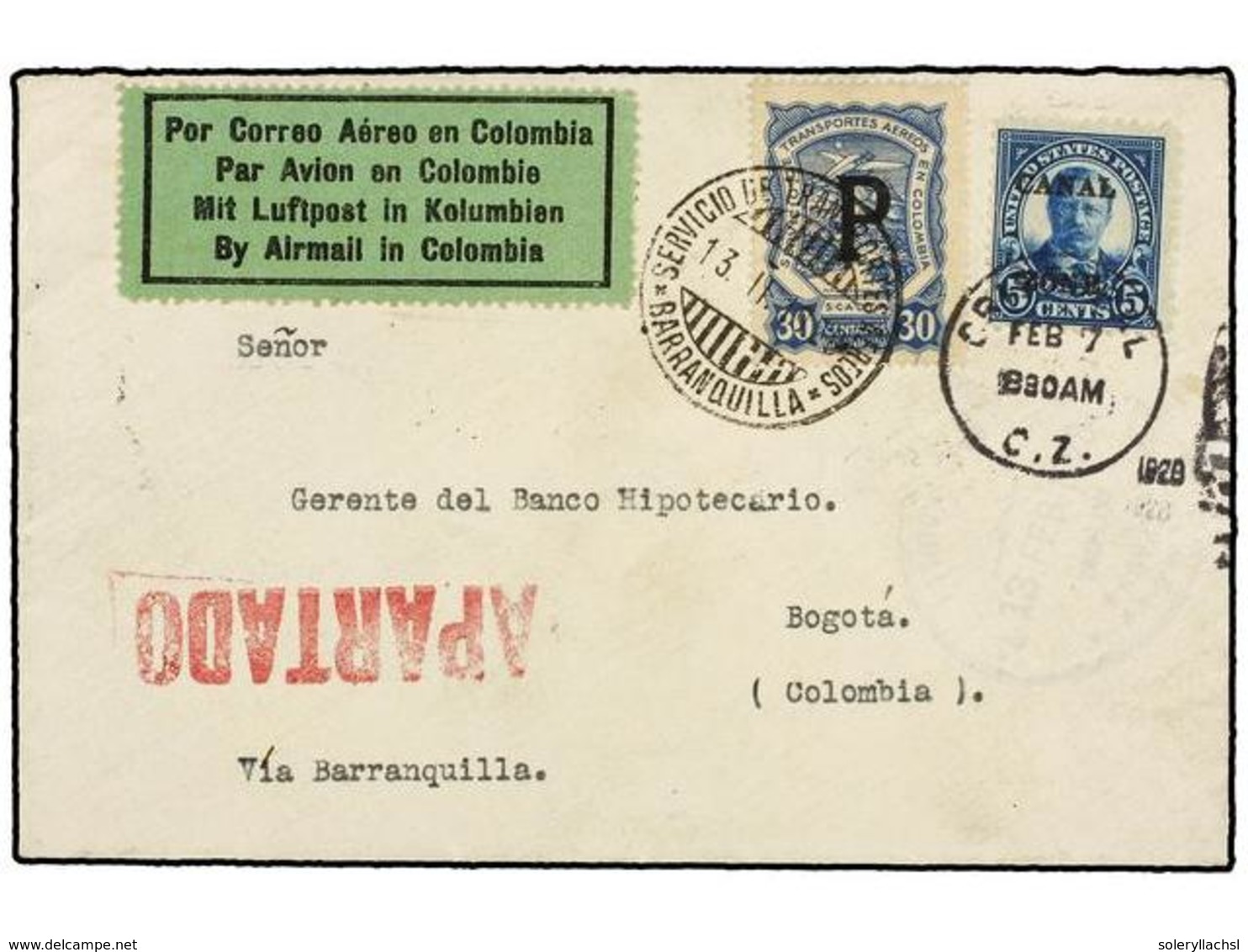 PANAMA. 1928. CRISTOBAL To BOGOTÁ. 5 Cts. Blue Ovpr. CANAL ZONE And SCADTA Stamp Of 30 Cts. Blue Ovpr. 'P'. - Altri & Non Classificati