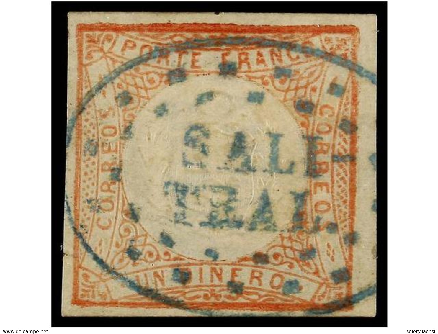 ° PERU. Sc.12. 1862. 1 Dinero Rojo. Mat. CÍRCULO DE PUNTOS De SALI-TRAL En Azul. MAGNÍFICO Y RARÍSIMO. (Lamy 80p.). - Sonstige & Ohne Zuordnung