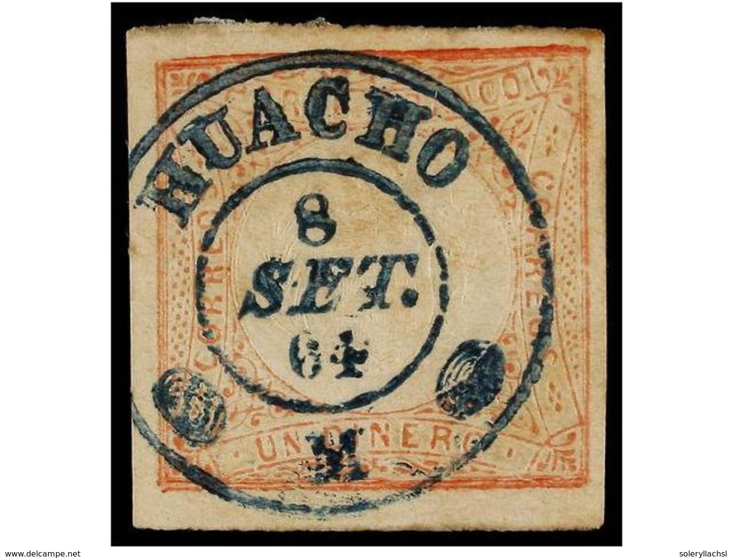 ° PERU. Sc.12. 1862. 1 Dinero Rojo, Mat. FECHADOR Adornado De HUACHO En Azul. PRECIOSO. - Sonstige & Ohne Zuordnung