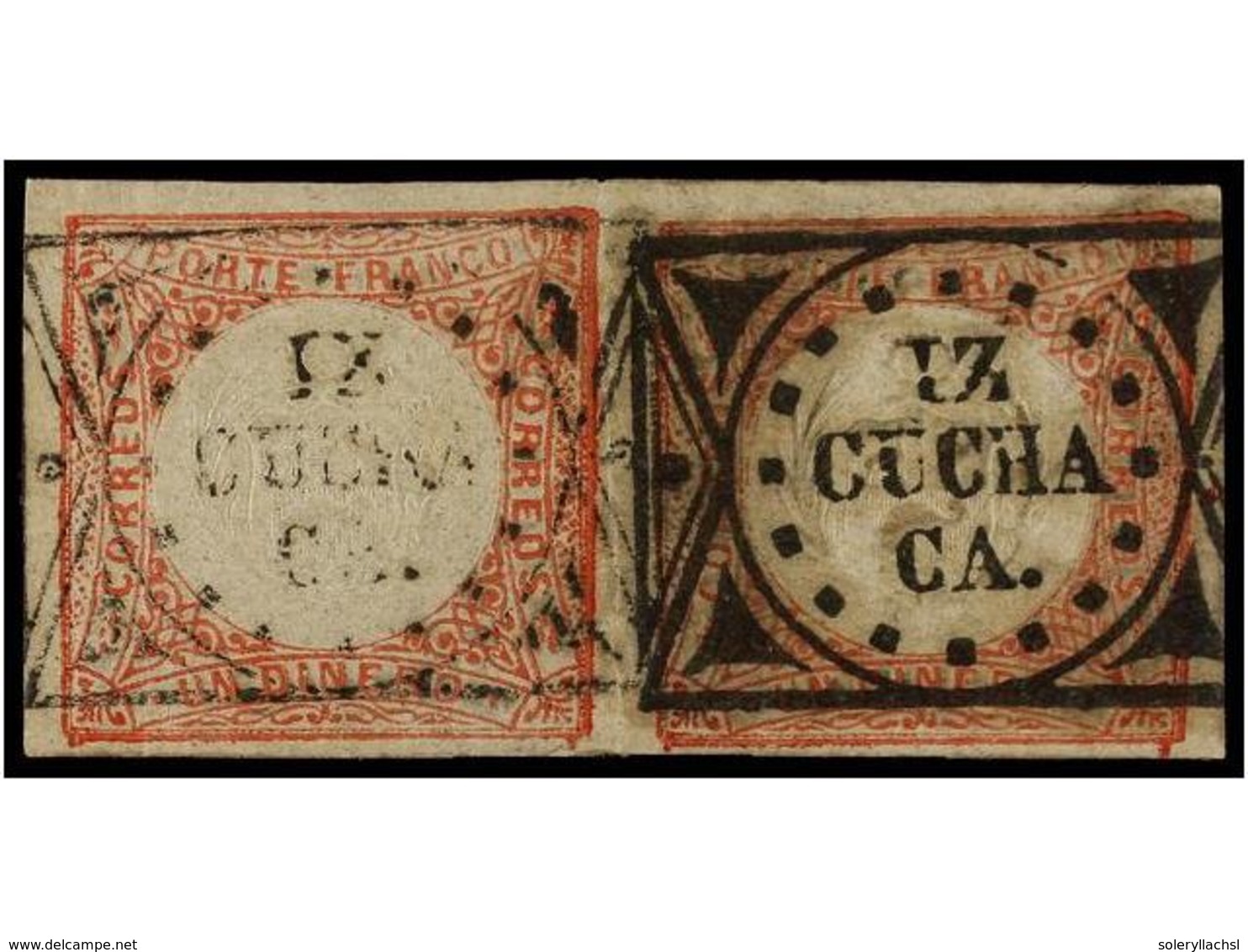 ° PERU. Sc.12. 1862. 1 Dinero Rojo, Pareja Mat. IZ/CUCHU/CA En Rectángulo Adorno. RARÍSIMO Y ESPECTACULAR. (Lamy 250). - Sonstige & Ohne Zuordnung