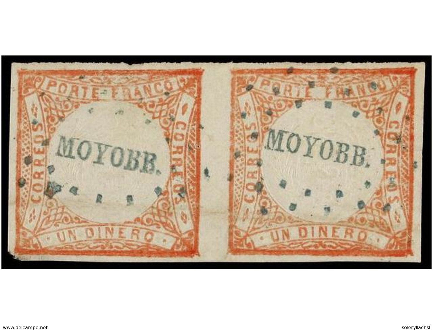 ° PERU. Sc.12 (2). 1862. 1 Dinero Rojo. Pareja, Mat. CÍRCULO DE PUNTOS  De MOYOBAMBA En Azul. Leve Pliegue. Muy Bonito. - Sonstige & Ohne Zuordnung