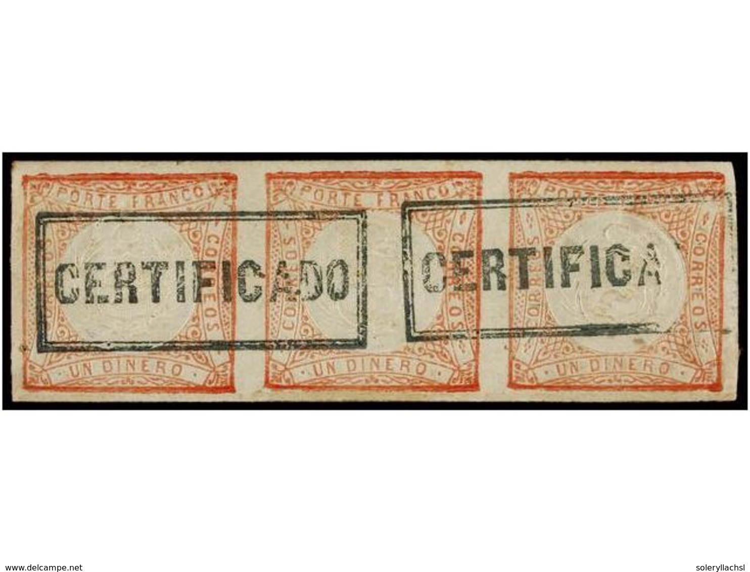 ° PERU. Sc.12. 1862. 1 Dinero Rojo. Tira De Tres, Mat. CERTIFICADO. PRECIOSA. - Sonstige & Ohne Zuordnung