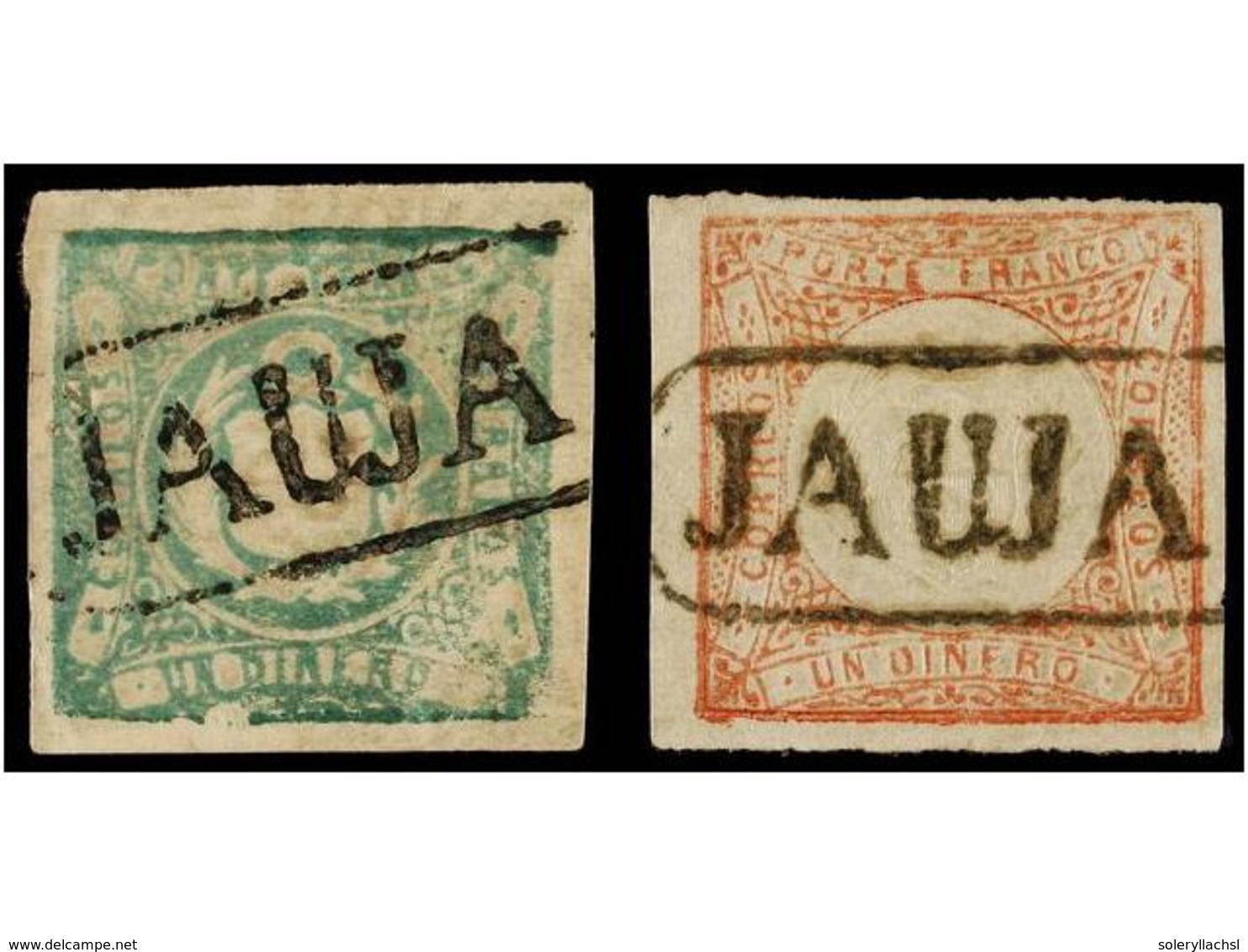 ° PERU. Sc.12, 14. 1862-68. 1 Dinero Rojo Y 1 Dinero Verde, Mat. Lineal JAUJA En Negro. PRECIOSOS. - Sonstige & Ohne Zuordnung