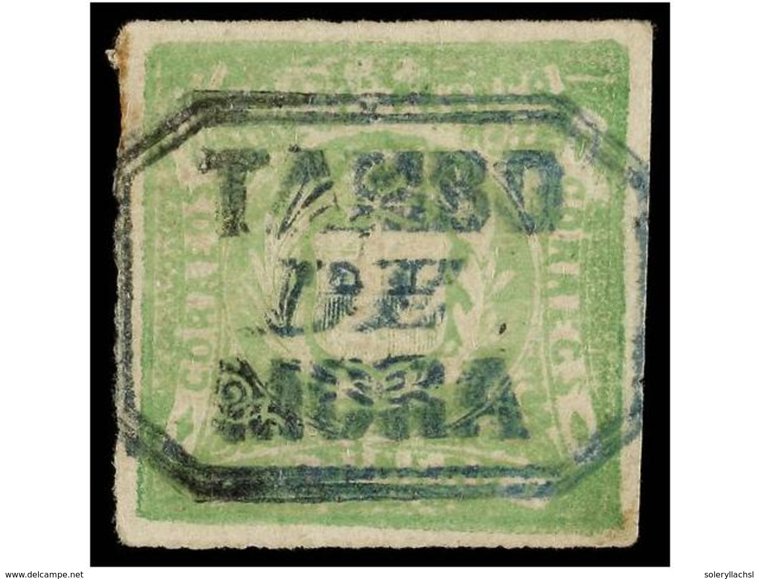 ° PERU. Sc.14. 1868. 1 Dinero Verde, Mat. TAMBO/DE/MORA En Azul. PRECIOSO Y RARO. (Lamy 60 P.). - Sonstige & Ohne Zuordnung