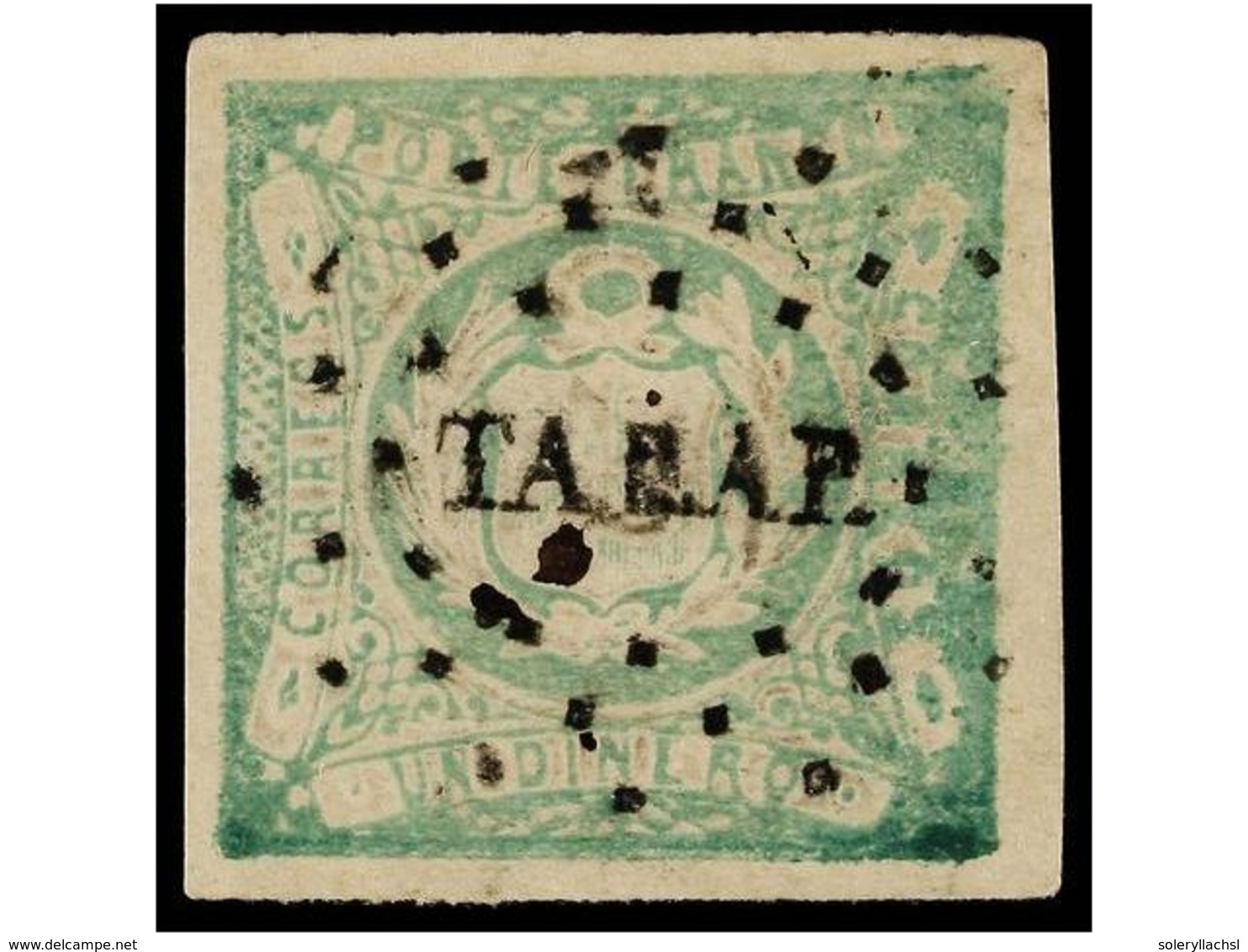 ° PERU. Sc.14. 1868. 1 Dinero Verde, Mat. CIRCULO DE PUNTOS De TARAPACA. PRECIOSA Y MUY RARO. (Lamy 75 P.). - Sonstige & Ohne Zuordnung