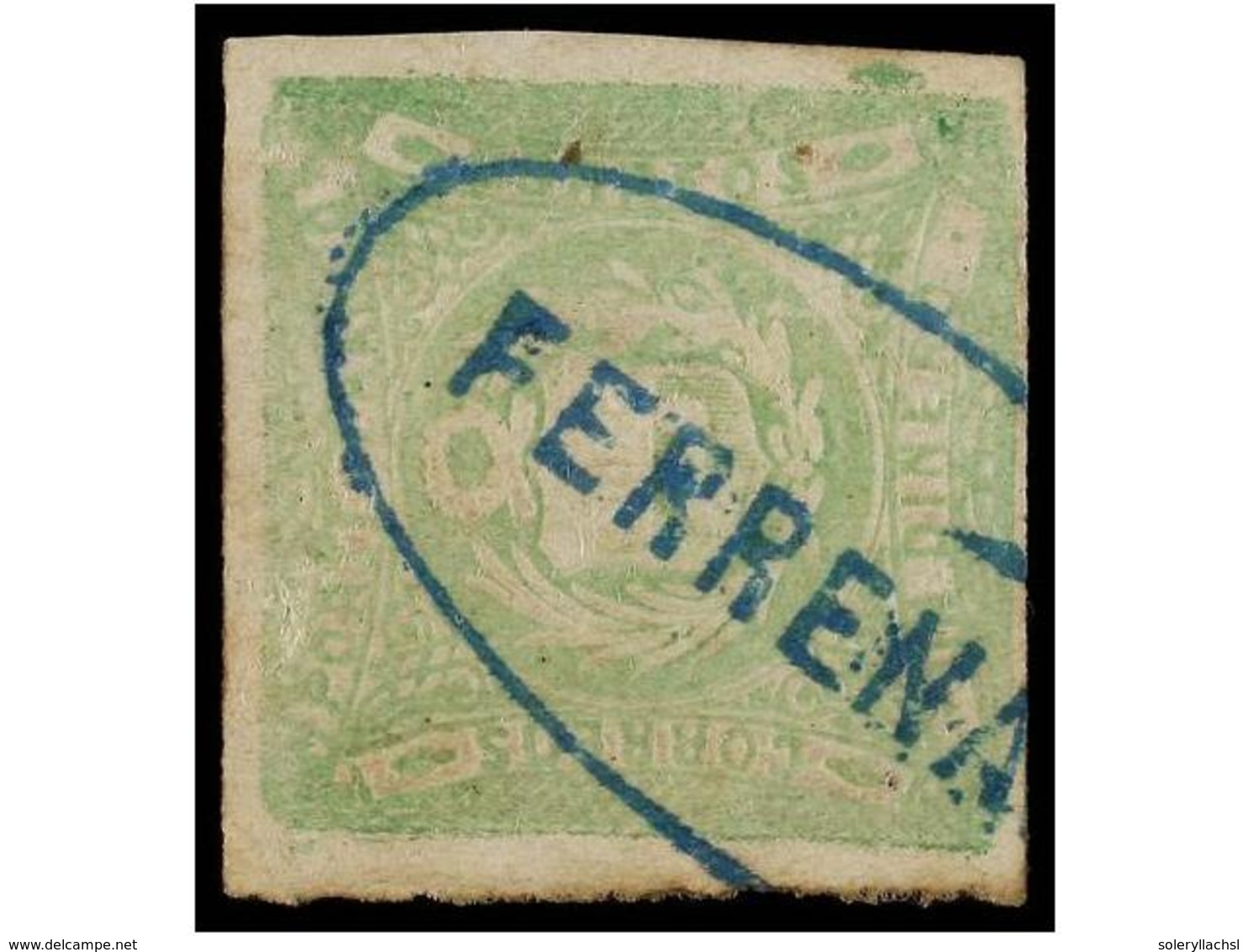 ° PERU. Sc.14. 1868. 1 Dinero Verde, Mat. Ovalado FERRENAFE En Azul. PRECIOSO Y MUY RARO. (Lamy 65p.). - Sonstige & Ohne Zuordnung