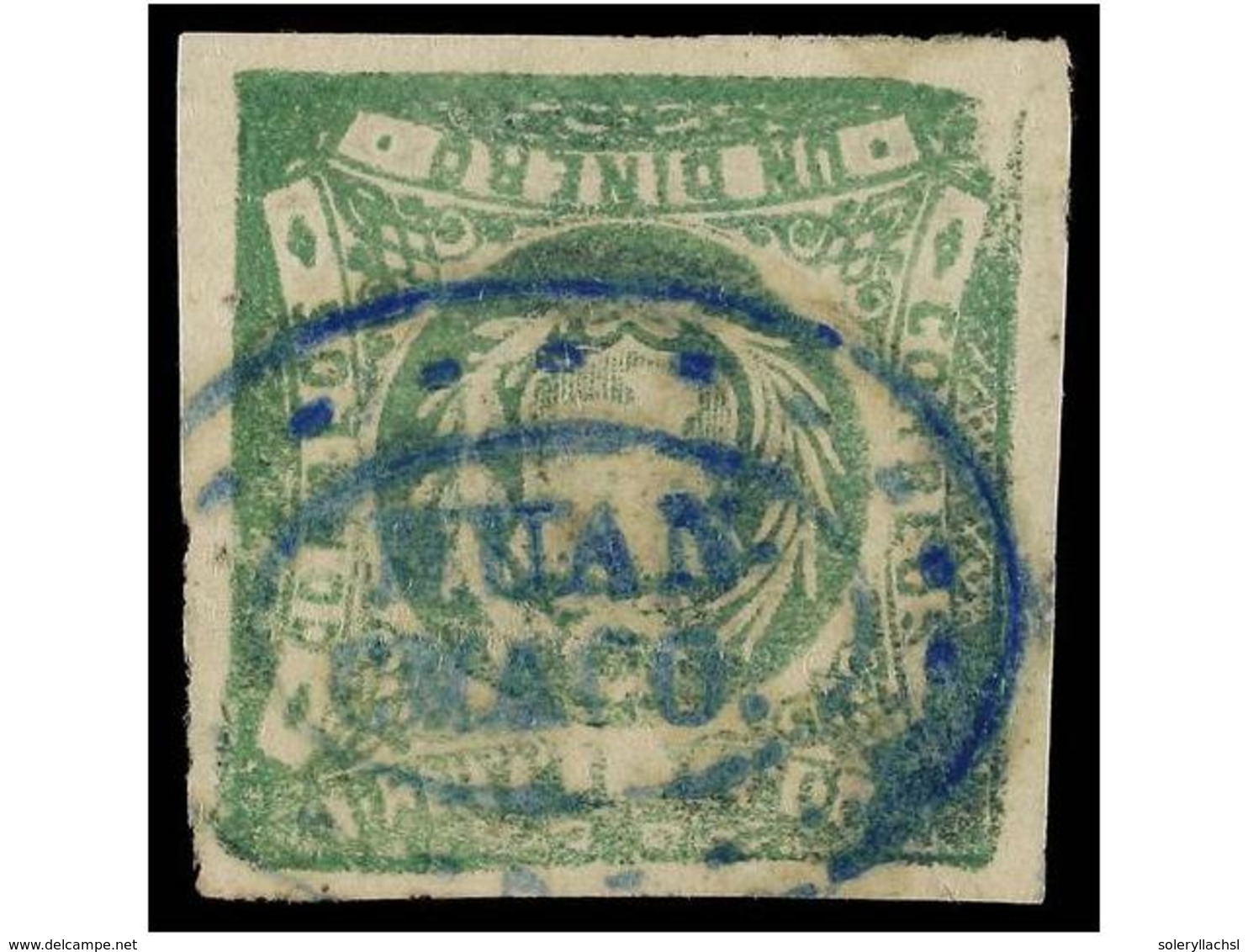 ° PERU. Sc.14. 1868. 1 Dinero Verde, Mat. Ovalado HUAN-CHACO En Azul. MUY BONITO Y RARO. (Lamy 50p.). - Andere & Zonder Classificatie