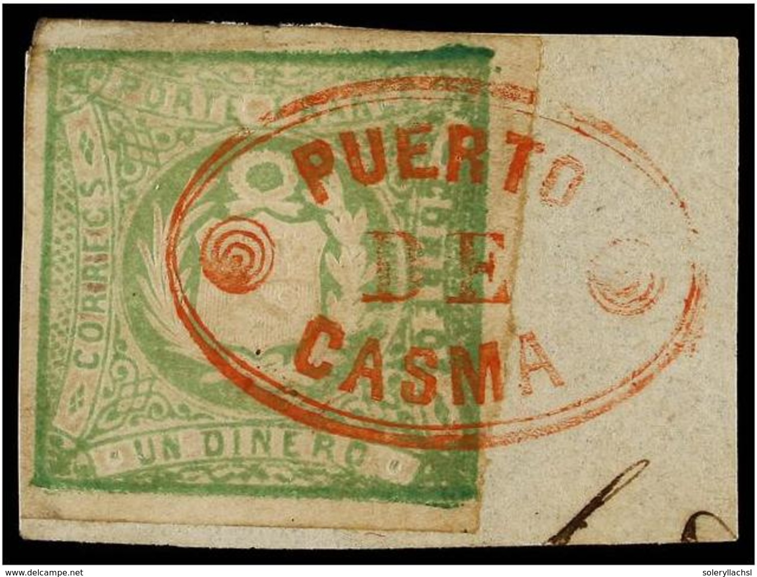 PERU. Sc.14. 1868. 1 Dinero Verde Sobre Fragmento, Mat. Ovalado En Rojo PUERTO/DE/CASMA (Lamy 50p.). PRECIOSO Y RARO. - Sonstige & Ohne Zuordnung