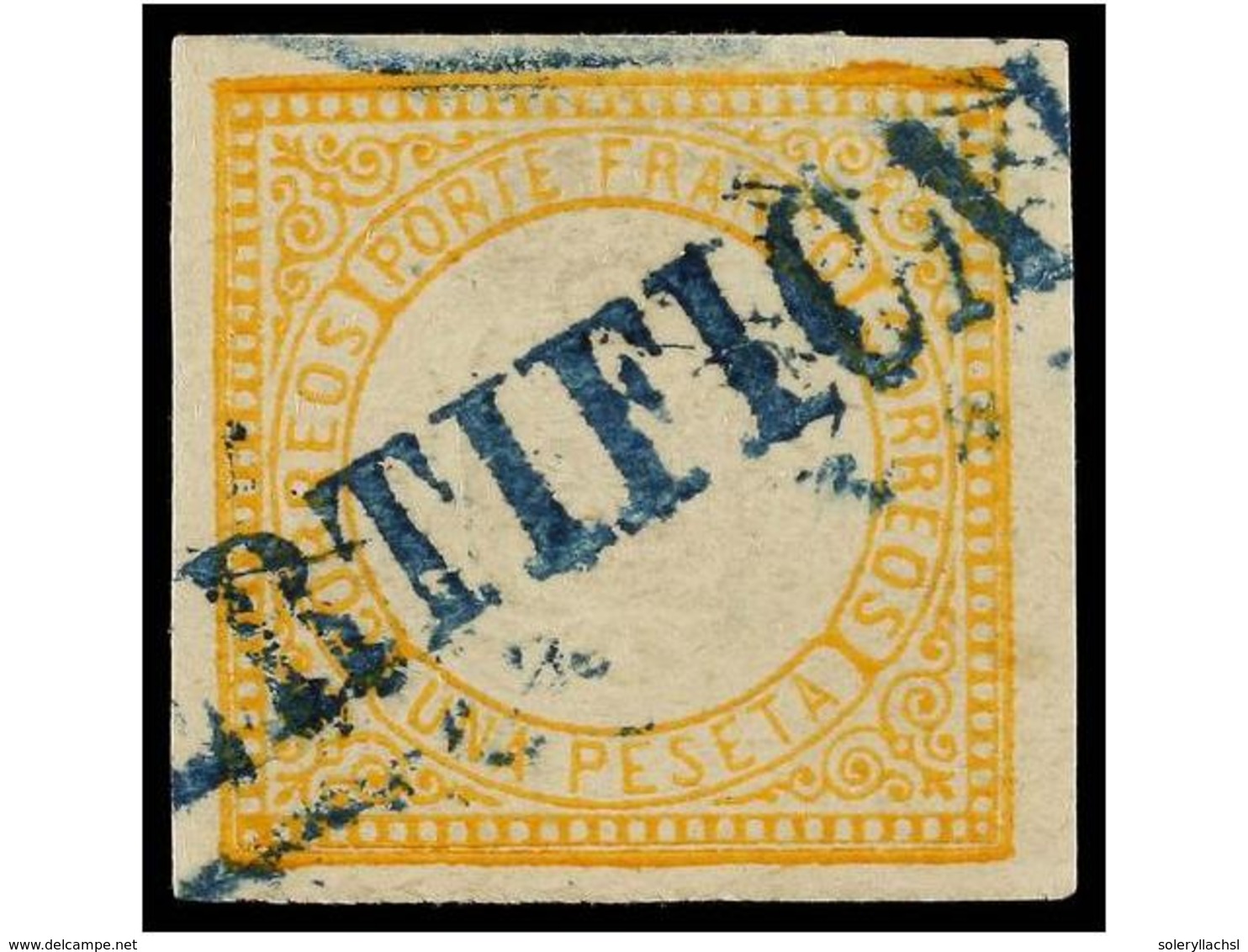 ° PERU. Sc.15. 1872. 1 Peseta Amarillo, Mat. Lineal CERTIFICADO En Azul. PRECIOSO. - Sonstige & Ohne Zuordnung