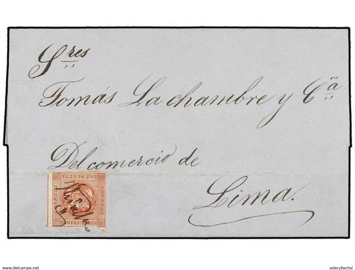 PERU. Yv.7. 1860 (8 Junio). HUACHO A LIMA. 1 Peseta Rojo, Mat. A Tinta 'Huacho' Por No Disponer De Cancelación En ésta C - Sonstige & Ohne Zuordnung