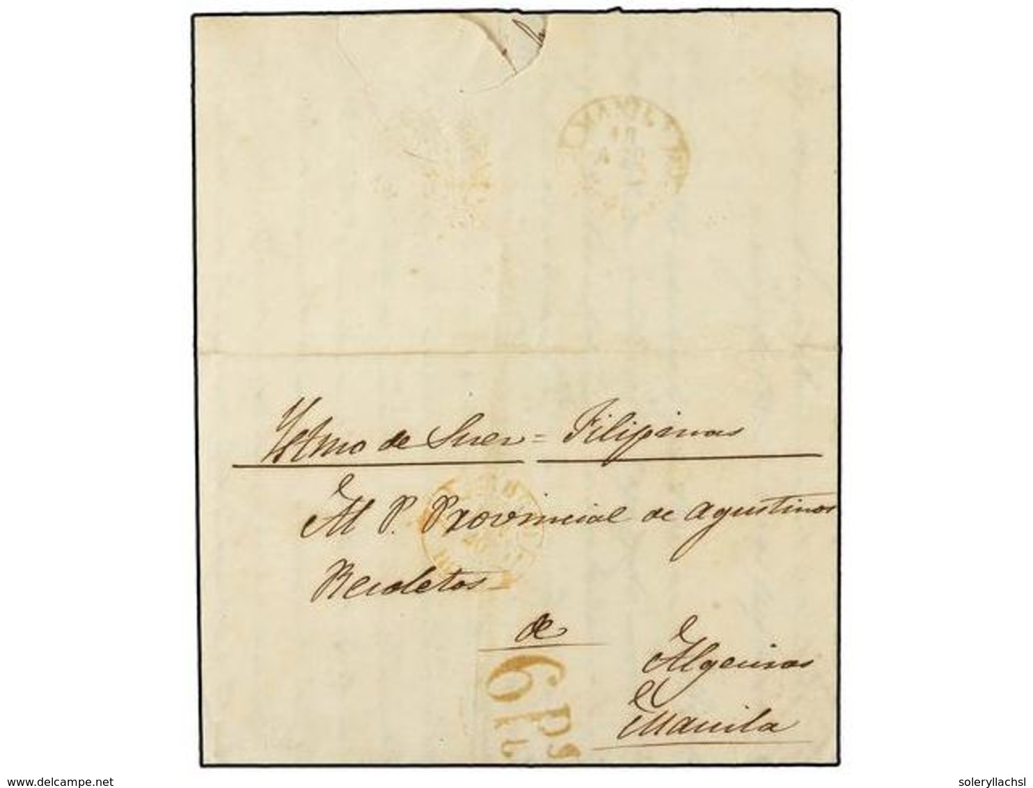 FILIPINAS. 1852 (Agosto). MADRID To MANILA. Circulada Con Fechador De MADRID En Rojo Y A La Llegada Marca De Tasa De 6 R - Altri & Non Classificati