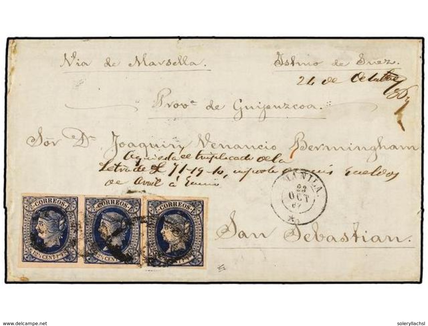 FILIPINAS. 1867. MANILA A S. SEBASTIAN (España). Carta Completa Con Texto Conteniendo Una Letra De Cambio Circulada Con  - Otros & Sin Clasificación