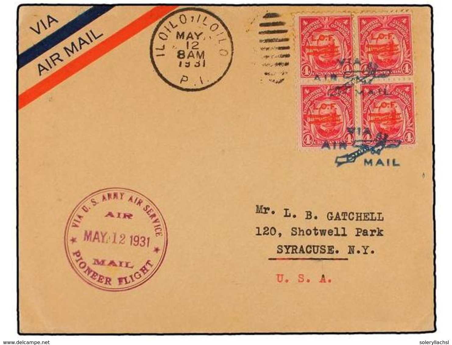 FILIPINAS. 1931 (12 Mayo). AIR MAIL. ILO ILO A ZAMBOANGA. 4 Cts. (4), Vuelo Especial, Marca VIA U.S. ARMY AIR SERVICE, A - Altri & Non Classificati