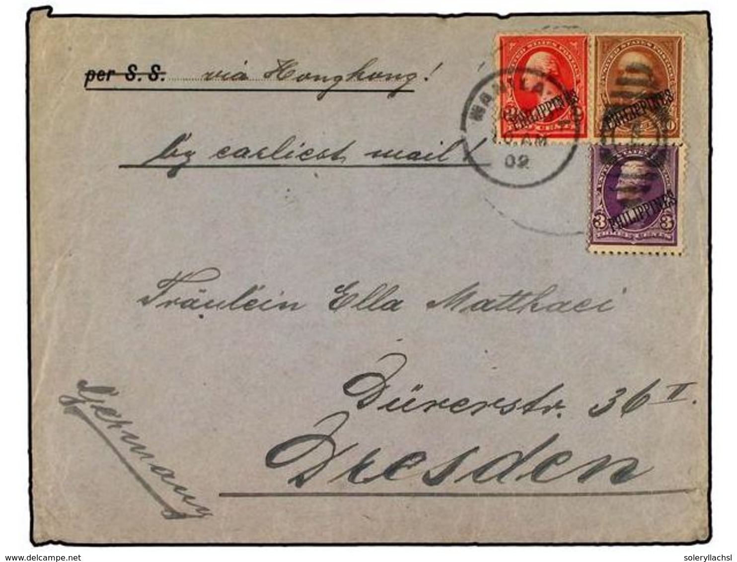 FILIPINAS: OCUPACION ESTADOS UNIDOS. 1902. Cover To DRESDEN Franked By 1899 Overprinted 2 C. Carmine. 3 C. Violet And 10 - Sonstige & Ohne Zuordnung