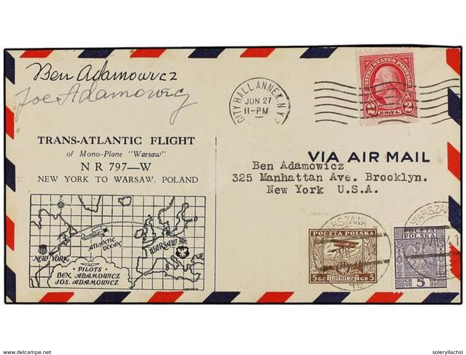 POLONIA. 1934. NEW YORK To WARSAW (Poland) Redirected To NEW YORK. FIRST FLIGHT With USA And Poland Franking. Signed By  - Sonstige & Ohne Zuordnung