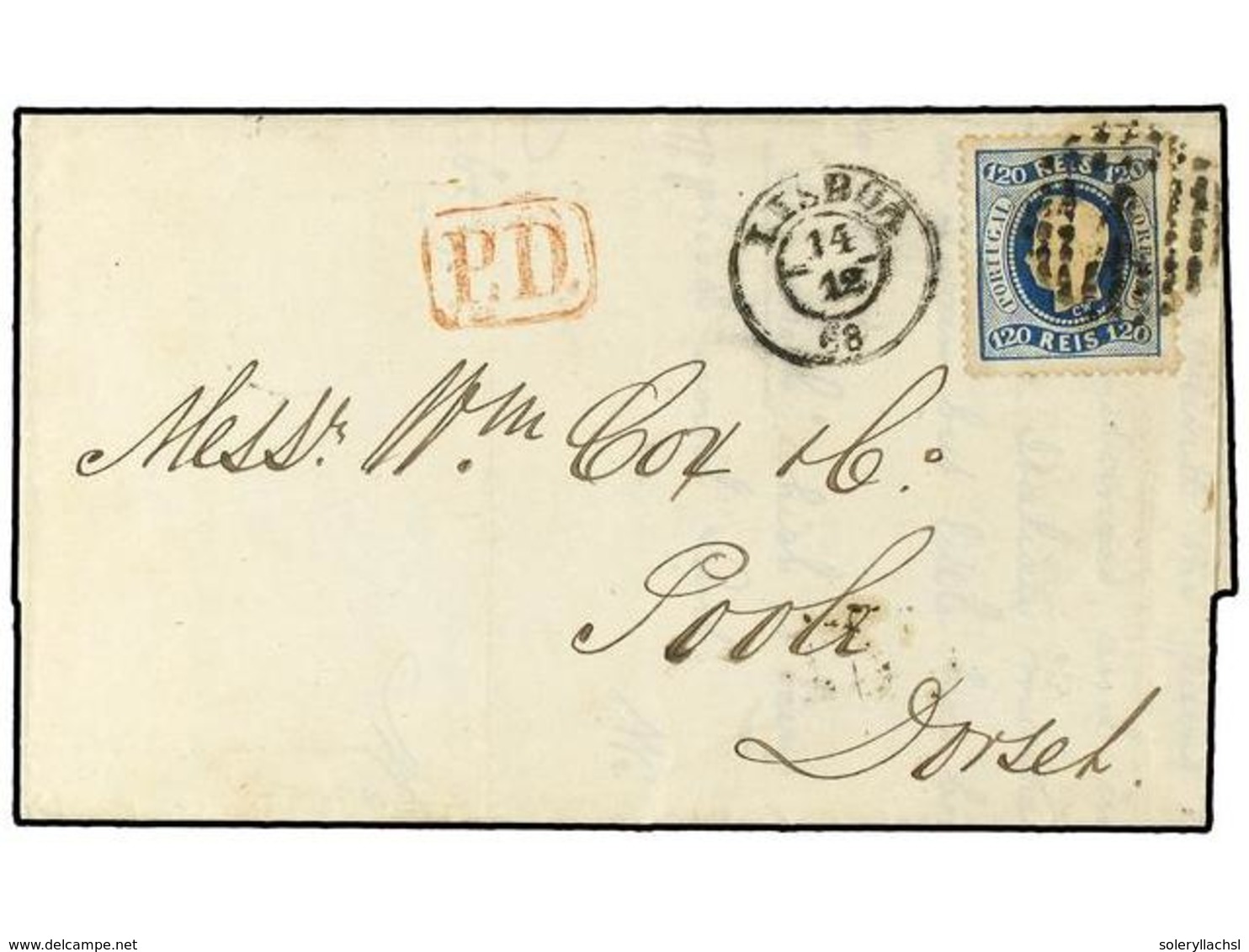 PORTUGAL. 1868 (Dec 14). Entire Letter To Poole, Dorset Franked By 1867 120 Reis Blue Tied By Lisbon Numeral With Lisboa - Sonstige & Ohne Zuordnung